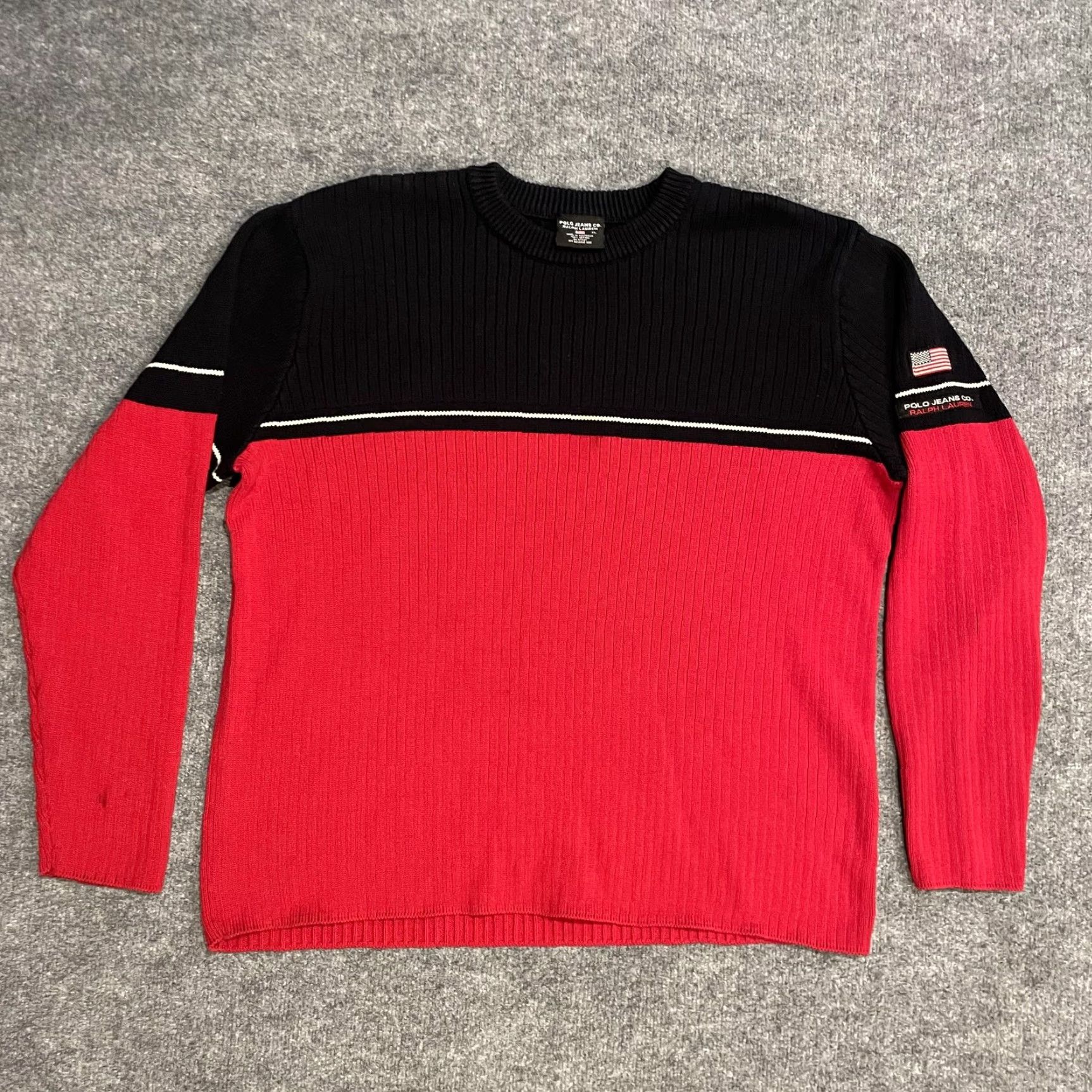 Ralph Lauren Polo Jeans Co Ralph Lauren Sweater Mens XL Black Red Knit Crewneck Flag Patch Striped USA Patriotic Embroidery Size US XL / EU 56 / 4 - 2 Thumbnail