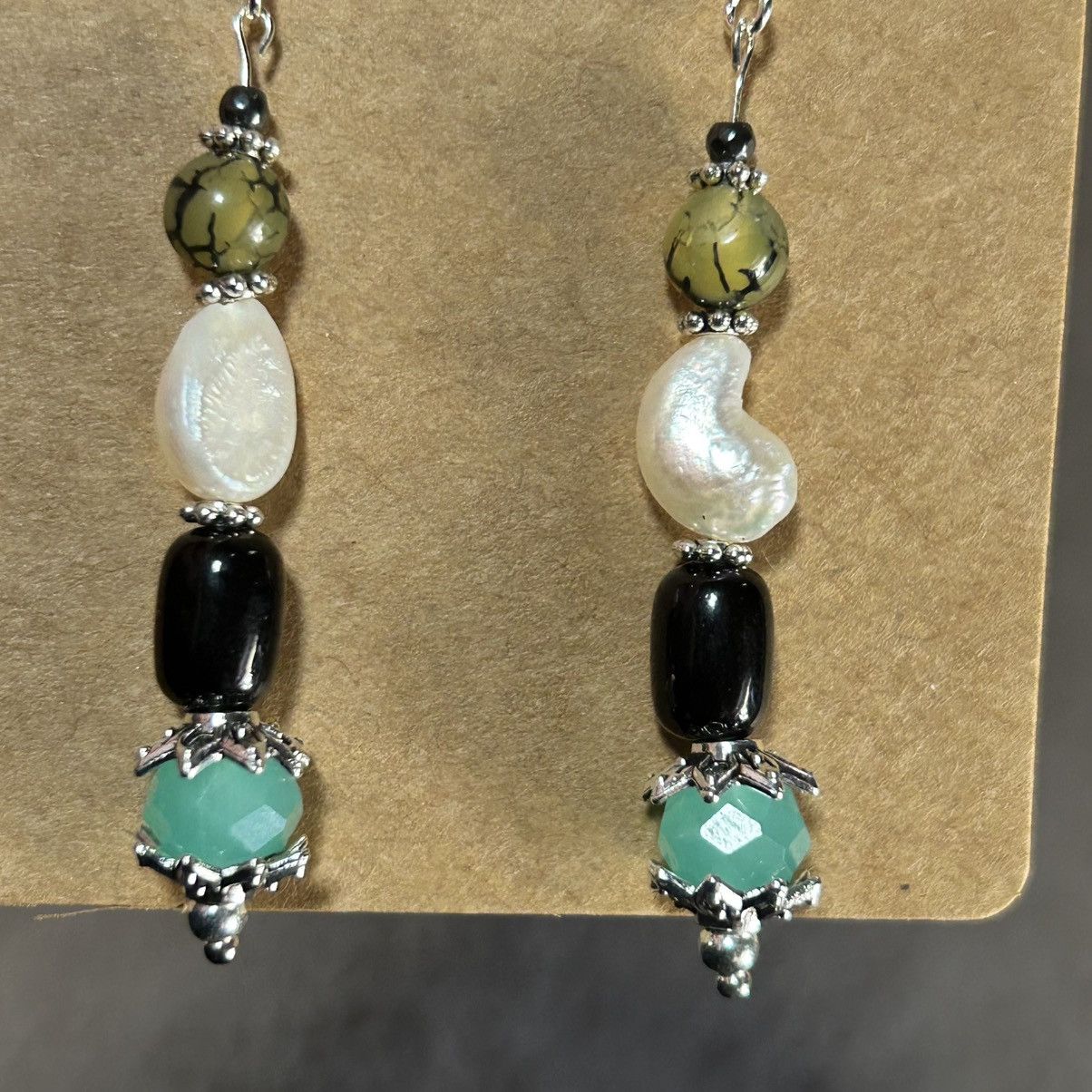 Handmade Handcrafted elegant genuine pearl dragon vein agate earrings Size ONE SIZE - 3 Thumbnail