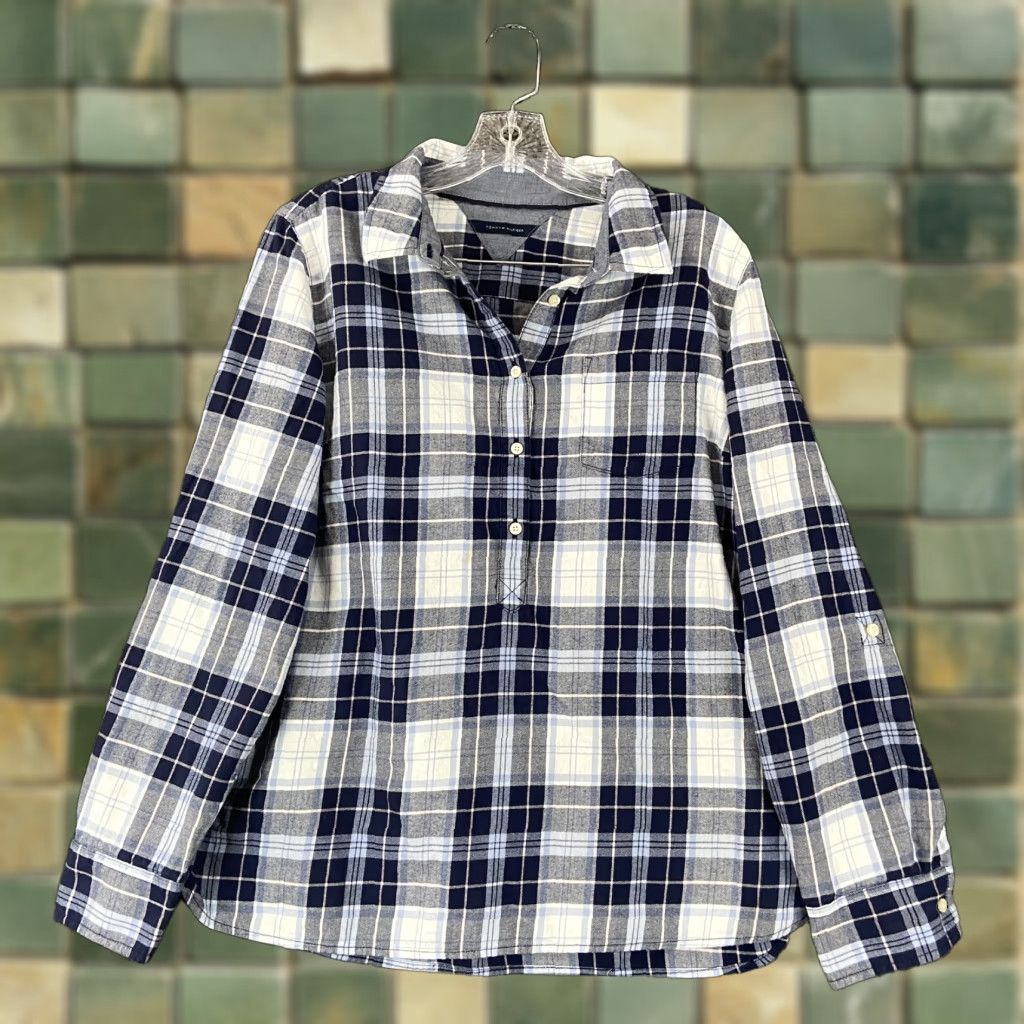 Tommy Hilfiger TOMMY HILFIGER Plaid Blouse Women's Long Sleeve Size L Blue White Gray Colorful Size L / US 10 / IT 46 - 1 Thumbnail