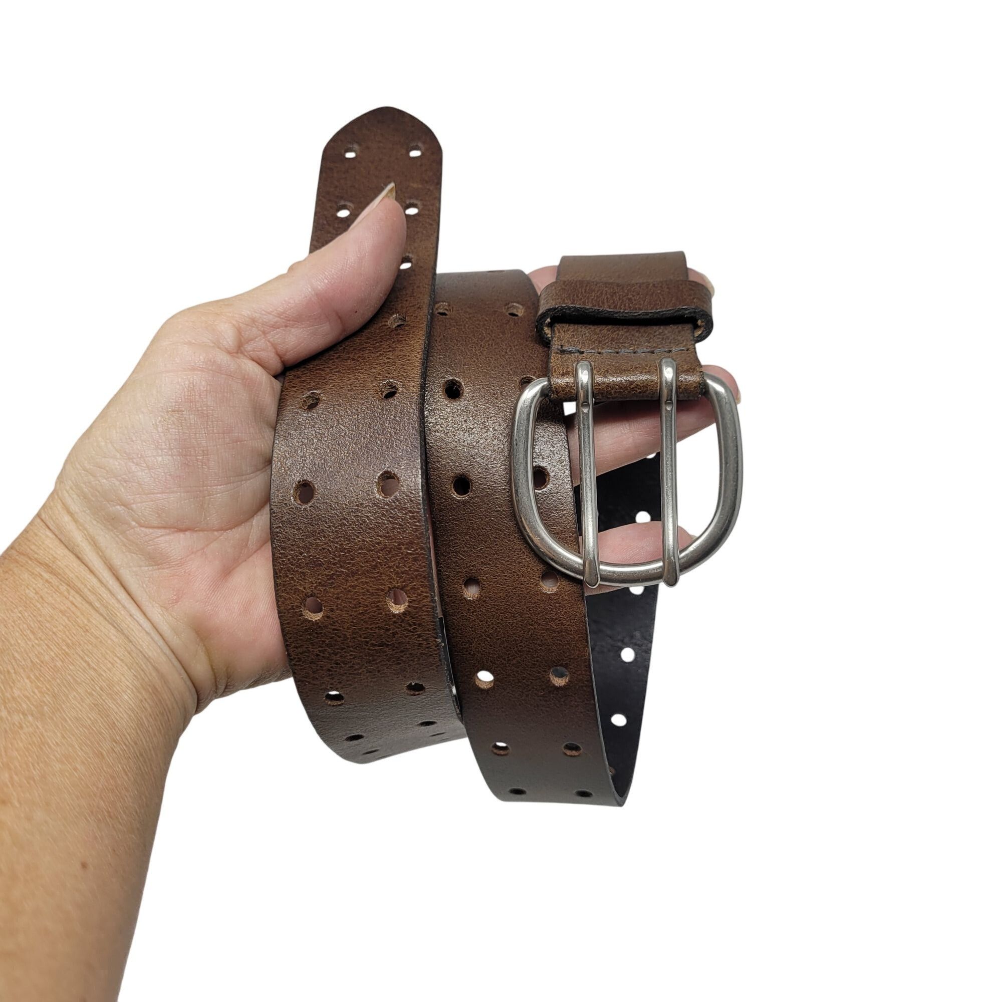 Vintage Mens Double Prong Genuine Italian Leather Brown Belt M/L 36" Size 36 - 1 Thumbnail
