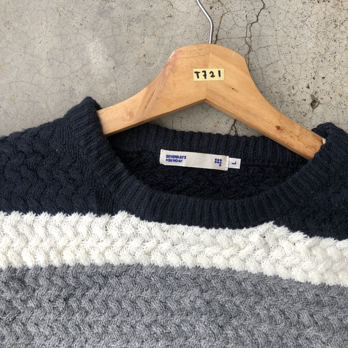 Aran Isles Knitwear × Designer × OVER THE STRiPES 🔴Japanese Sevendays Sunday Memeri/Stripe Knitting Sweater Size US L / EU 52-54 / 3 - 5 Thumbnail