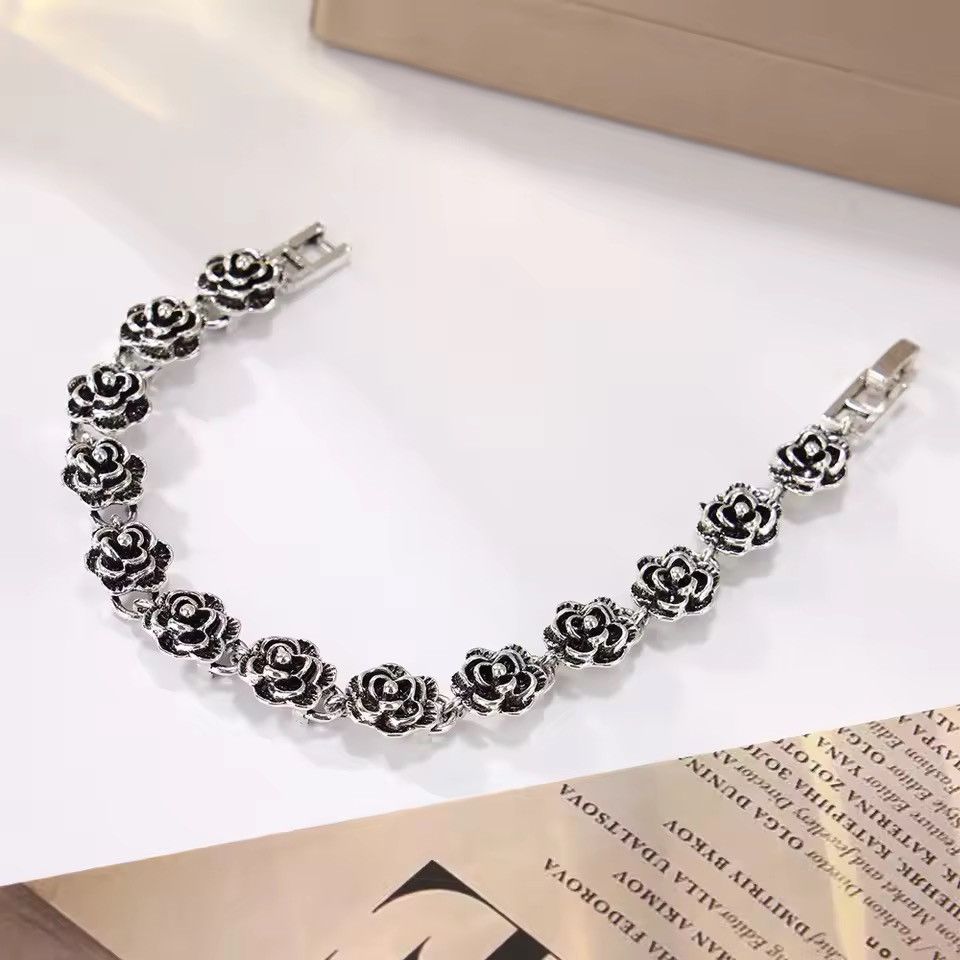 Japanese Brand Gothic Silver Tone Rose Link Bracelet Floral Chain 19 cm Size ONE SIZE - 8 Thumbnail