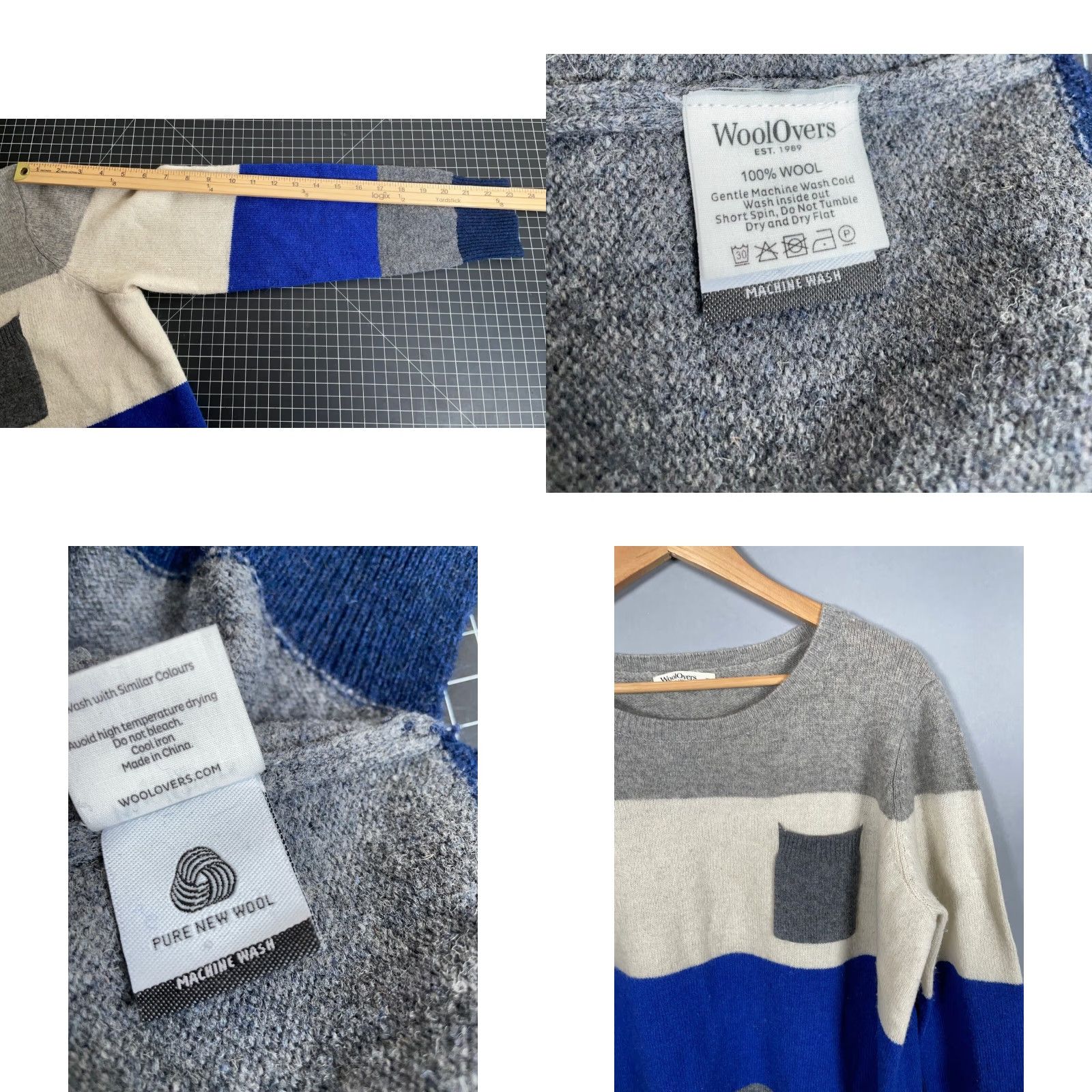 Vintage Woolovers Sweater - Striped Pocket Knit - Blue Ivory - Women's XL - 100% Wool - Crew Neck - Machine Washable - 90s Preppy Size XL / US 12-14 / IT 48-50 - 8 Thumbnail