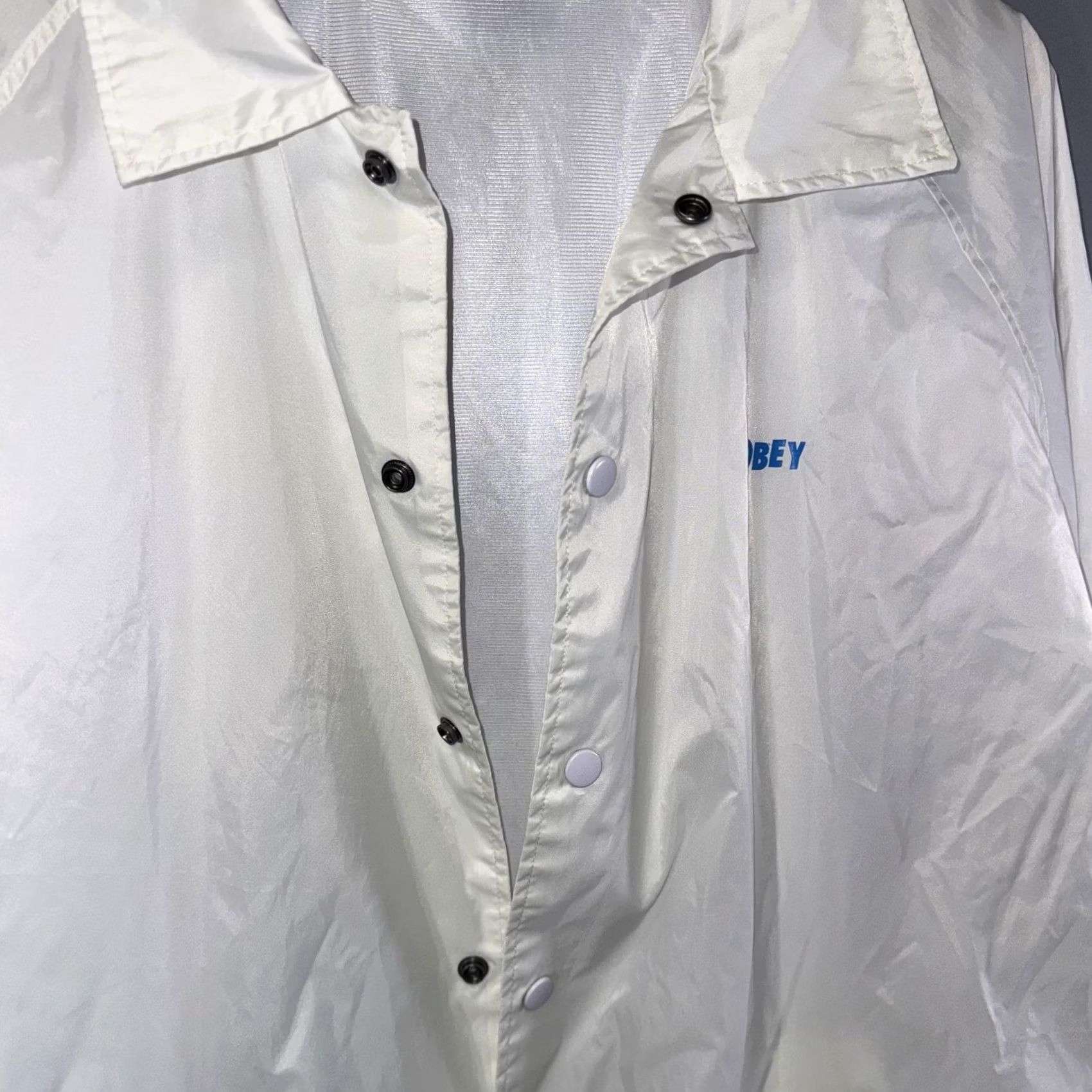Obey OBEY Jacket Mens L White Windbreaker Snap Front Back Logo Nylon Lined Coach Jacket Size US L / EU 52-54 / 3 - 6 Thumbnail