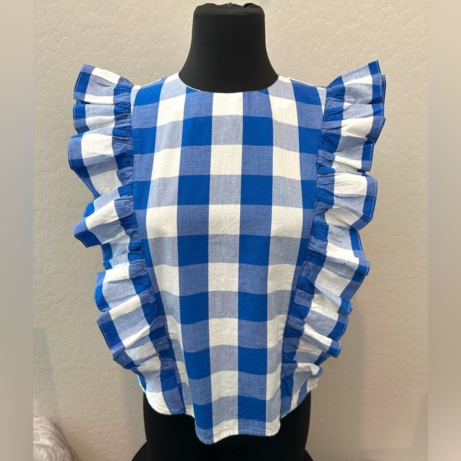 Anthropologie ANTHROPOLOGIE Blue Gingham Checkered Ruffle Sleeveless Top Size XS / US 0-2 / IT 36-38 - 3 Thumbnail