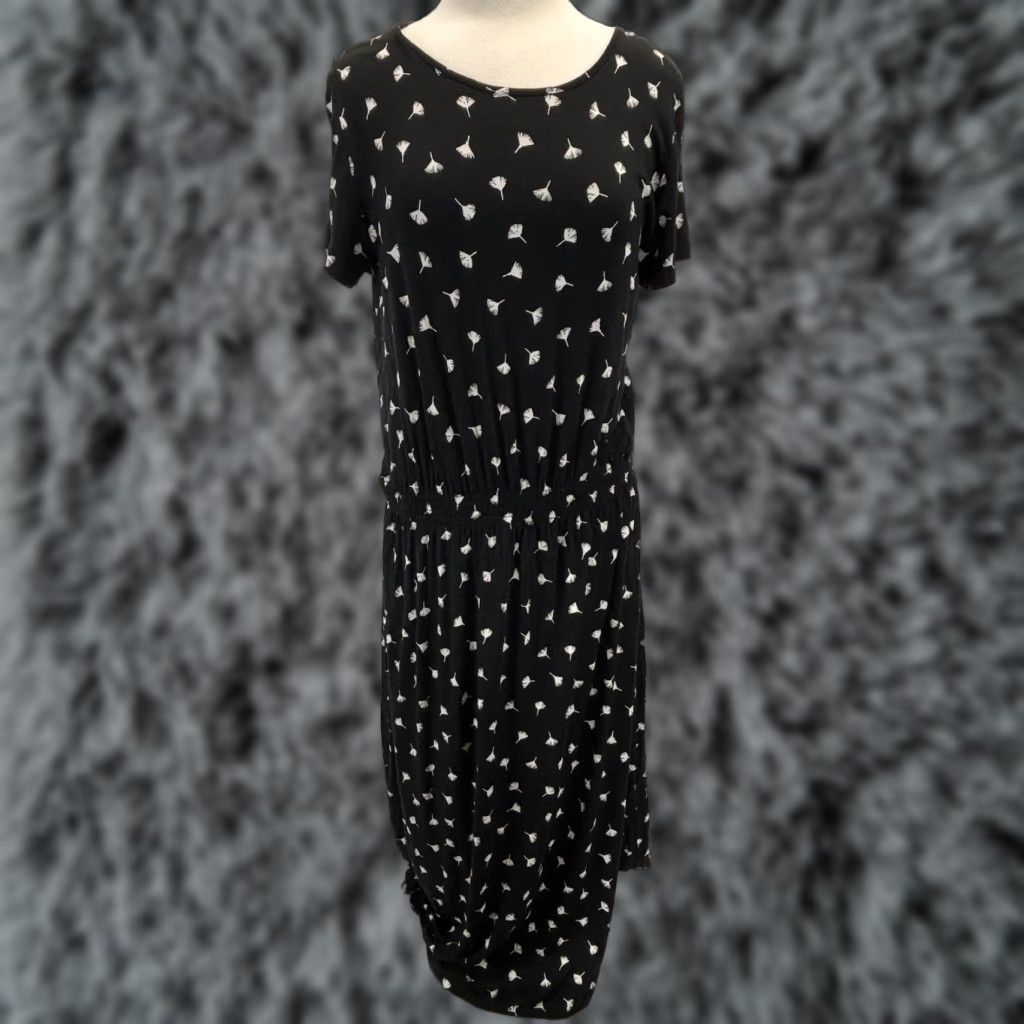 J. Jill J. Jill Wearever Collection Midi Dress Large Black Ginkgo Leaves Stretch Casual Womens Size L / US 10 / IT 46 - 1 Thumbnail