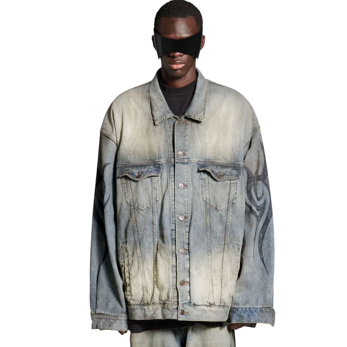 Balenciaga 2024 Y2K Tattoo Tribal Oversized Denim Jacket Size US XL / EU 56 / 4 - 5 Thumbnail