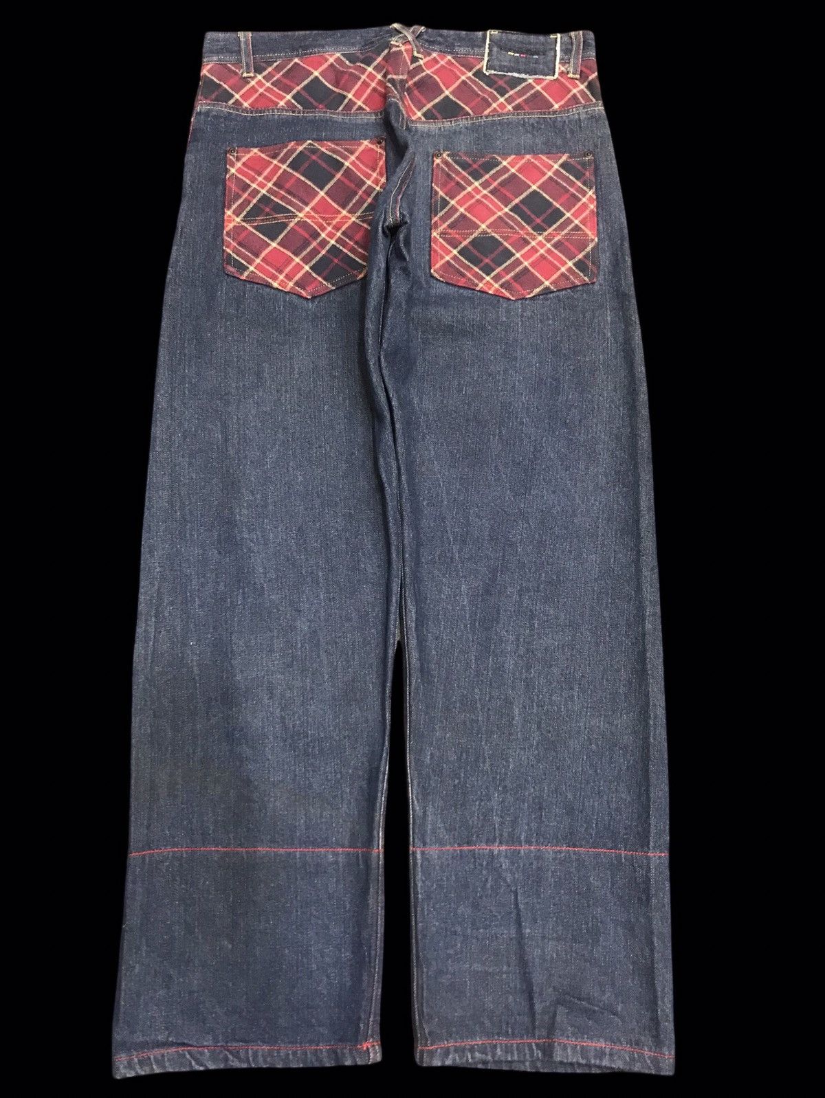 Japanese Brand 💥DENIM ART💥STONE HEAD Zipper Tartan Leg Denim F154 Size US 35 - 2 Thumbnail