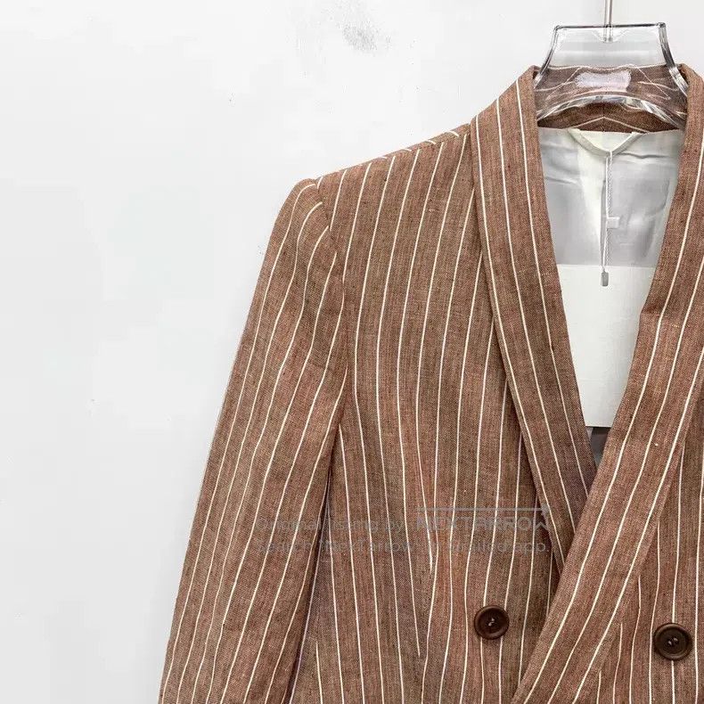 Brunello Cucinelli Brunello Cucinelli Brown vertical striped linen double-bre Size XS / US 0-2 / IT 36-38 - 3 Thumbnail