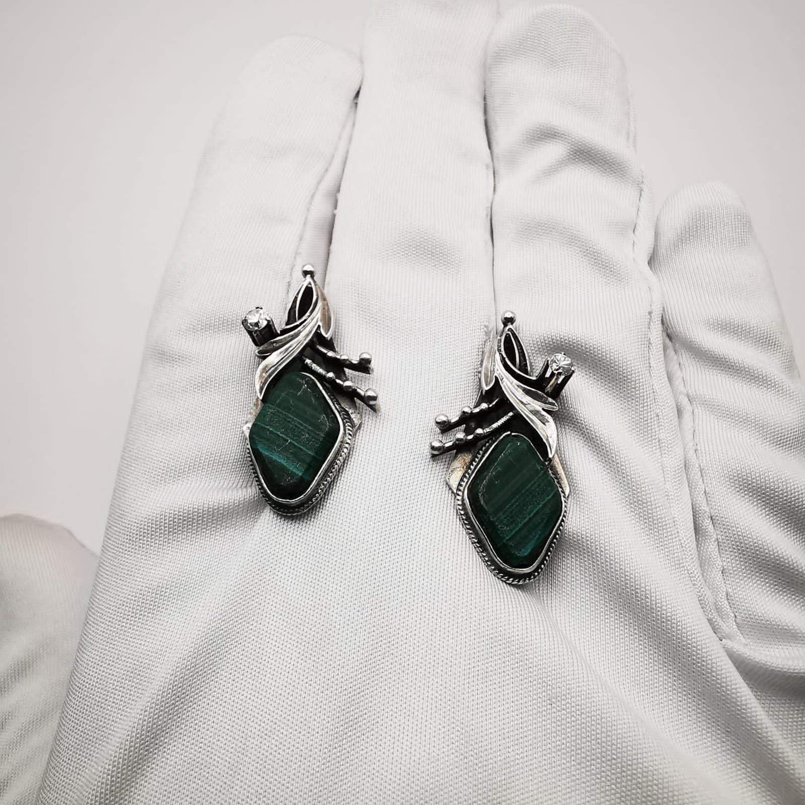 Sterling Silver Vintage Jewelry Earrings,925 Sterling Silver,Malachite,Crys Size ONE SIZE - 6 Thumbnail