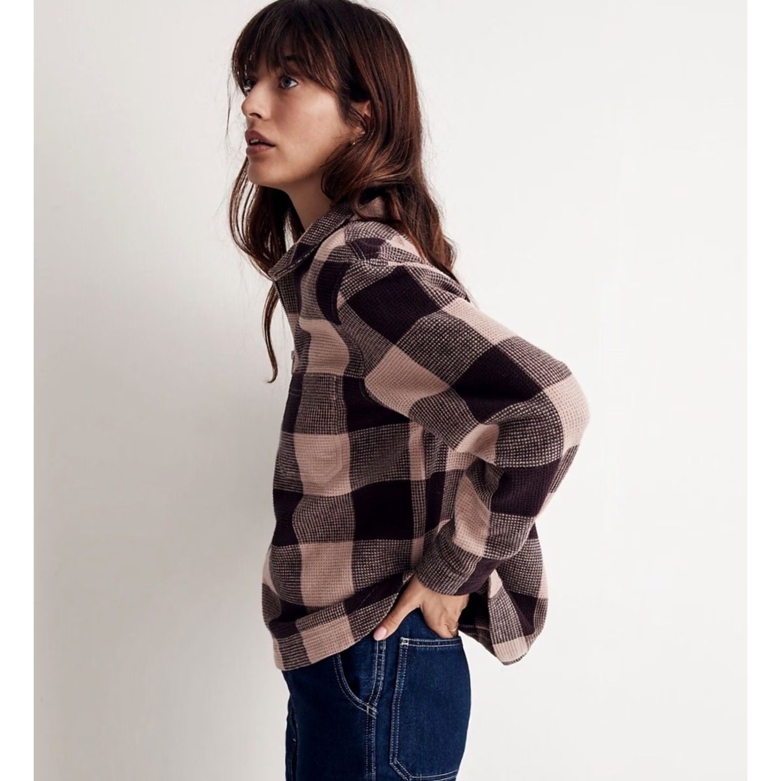 Madewell VINTAGE? No. Madewell Shirt Womens XS Half Zip Pullover Plaid Relaxed Fit Top Pink Boho Size XS / US 0-2 / IT 36-38 - 3 Thumbnail