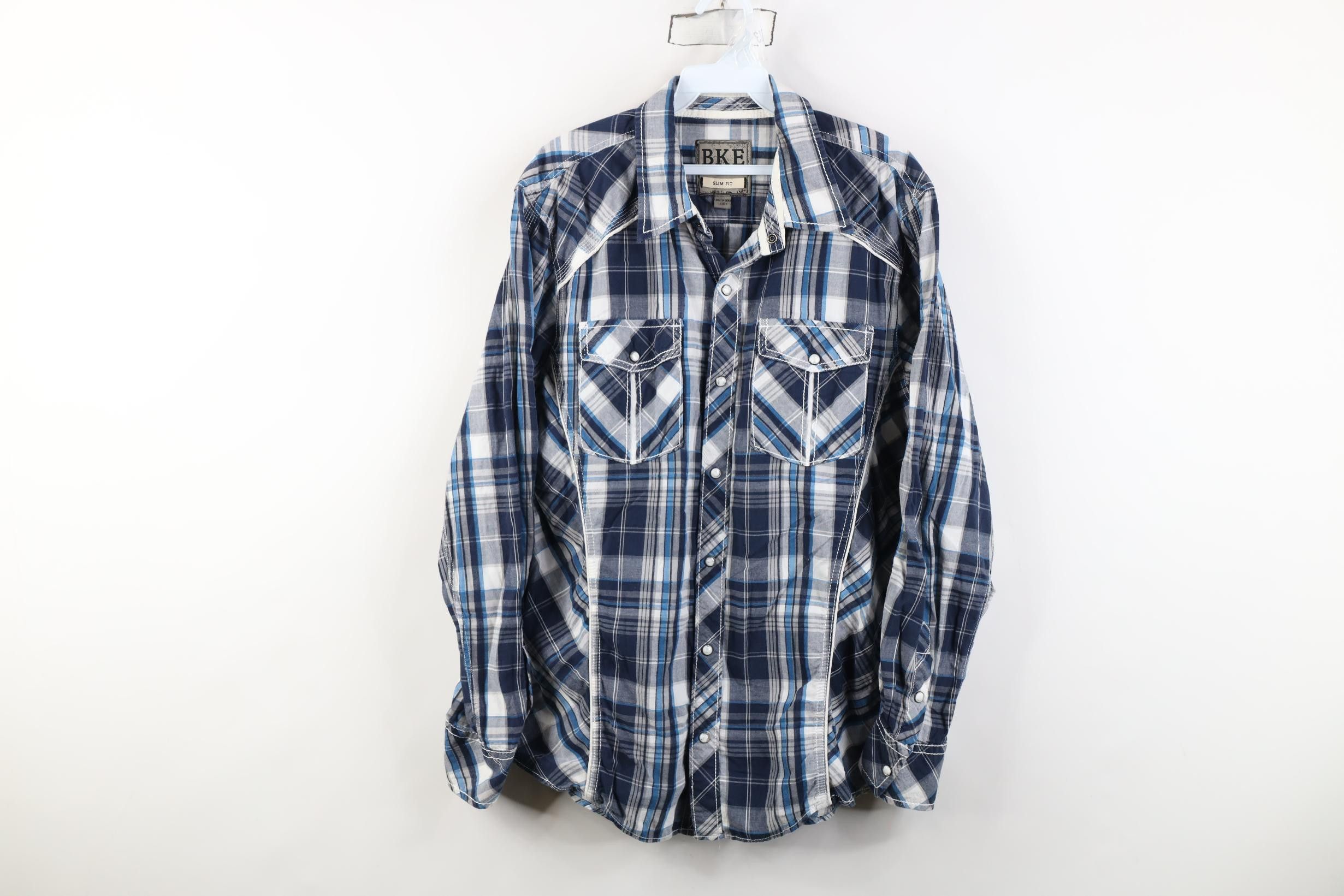 Vintage Buckle BKE Thick Stitch Western Snap Button Shirt Blue Plaid Size US L / EU 52-54 / 3 - 1 Thumbnail