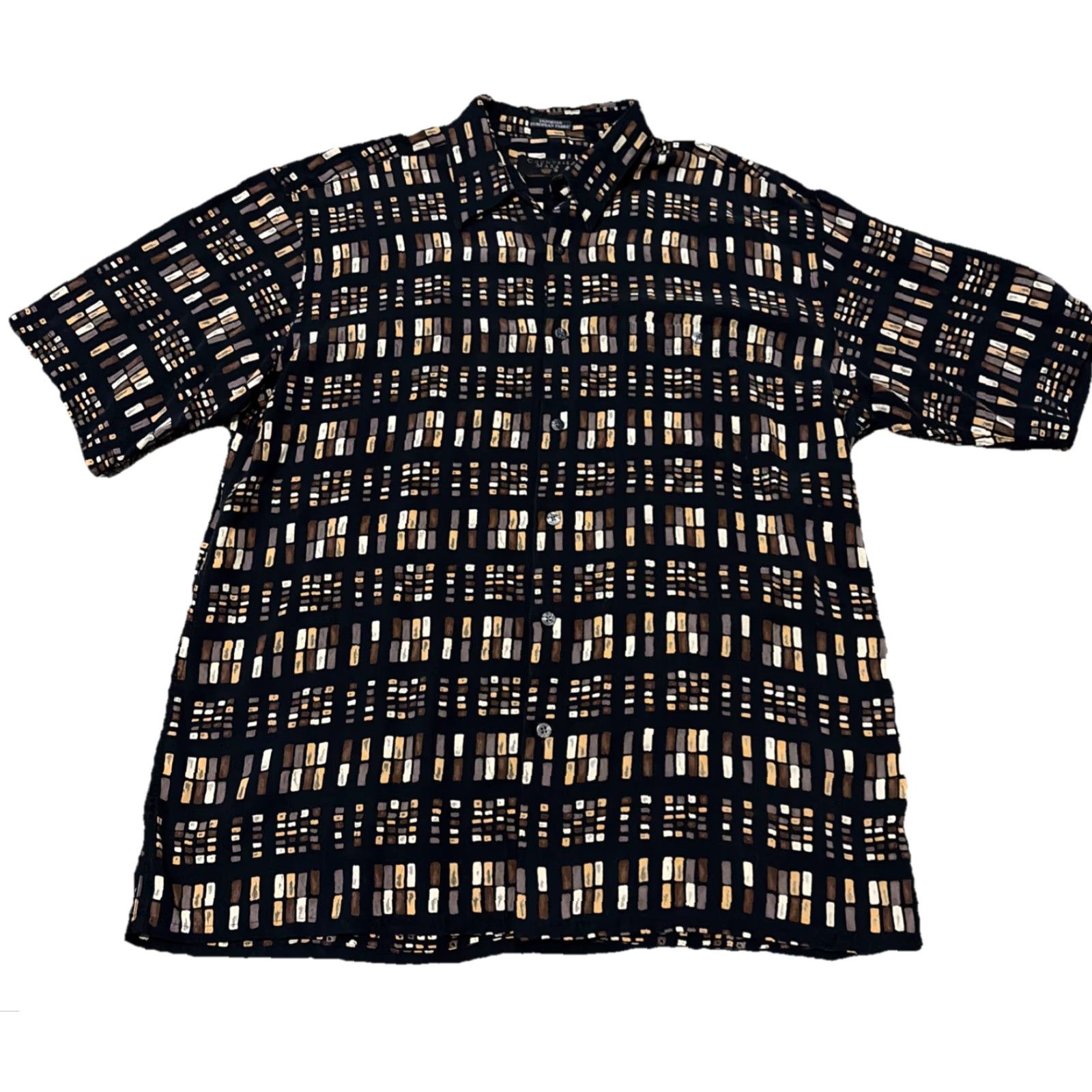Countess Mara VINTAGE Countess Mara Black Brown Geometric Pattern Button Up Shirt Large 90s Men Short Sleeve L Brown Black Geometric 90s Button Up Shirt Mens Size US L / EU 52-54 / 3 - 2 Thumbnail