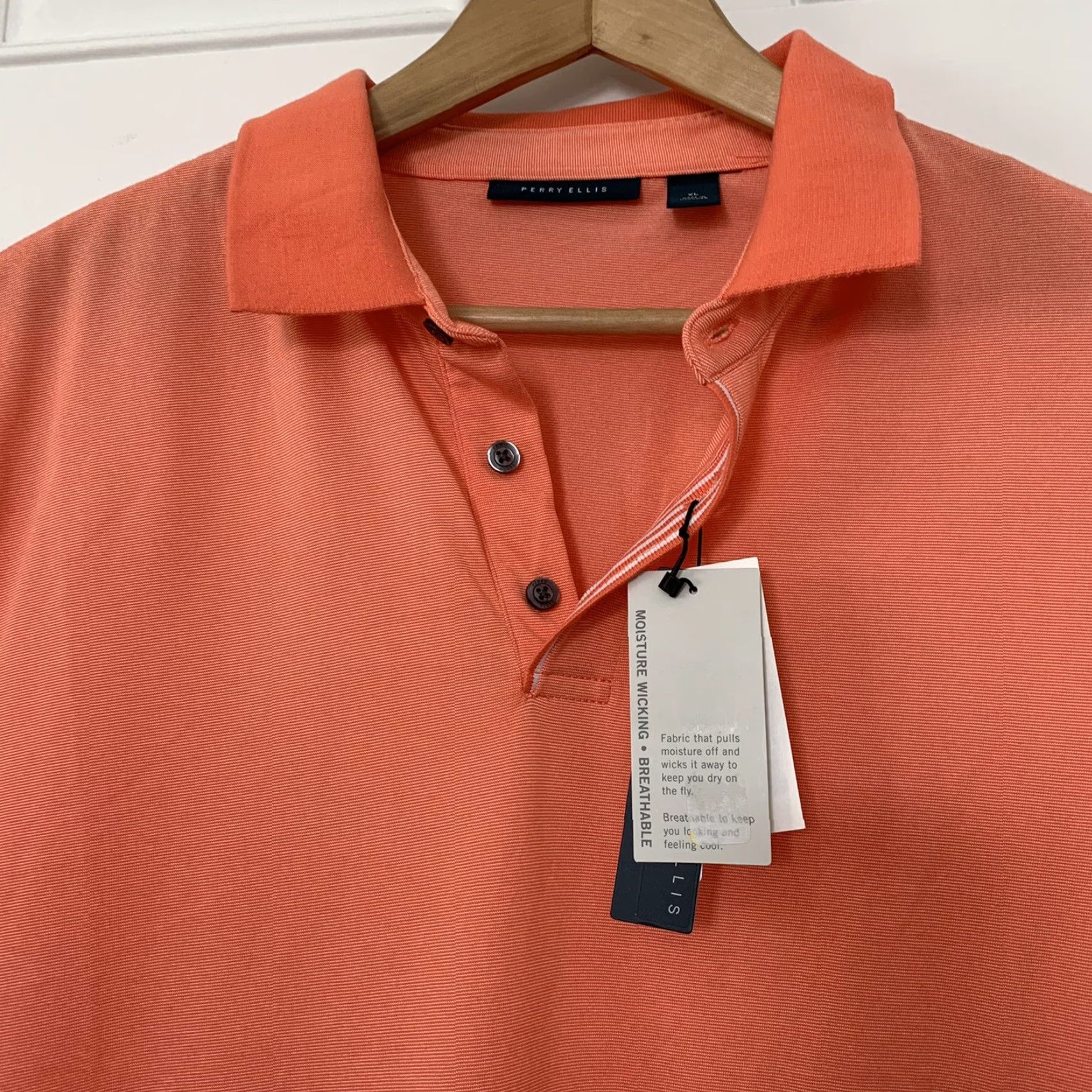 Perry Ellis Perry Ellis Polo Shirt Mens XL Short Sleeve Breathable Moisture Wicking Coral Orange Principles Stripes at Arm Bands and Neck Mens XL Polo Size US XL / EU 56 / 4 - 3 Thumbnail