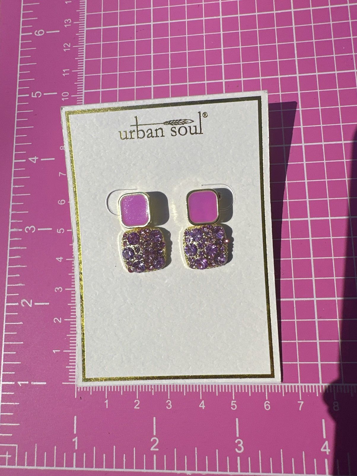 Designer Urban soul earrings gold tone pink purple square studs Size ONE SIZE - 4 Thumbnail