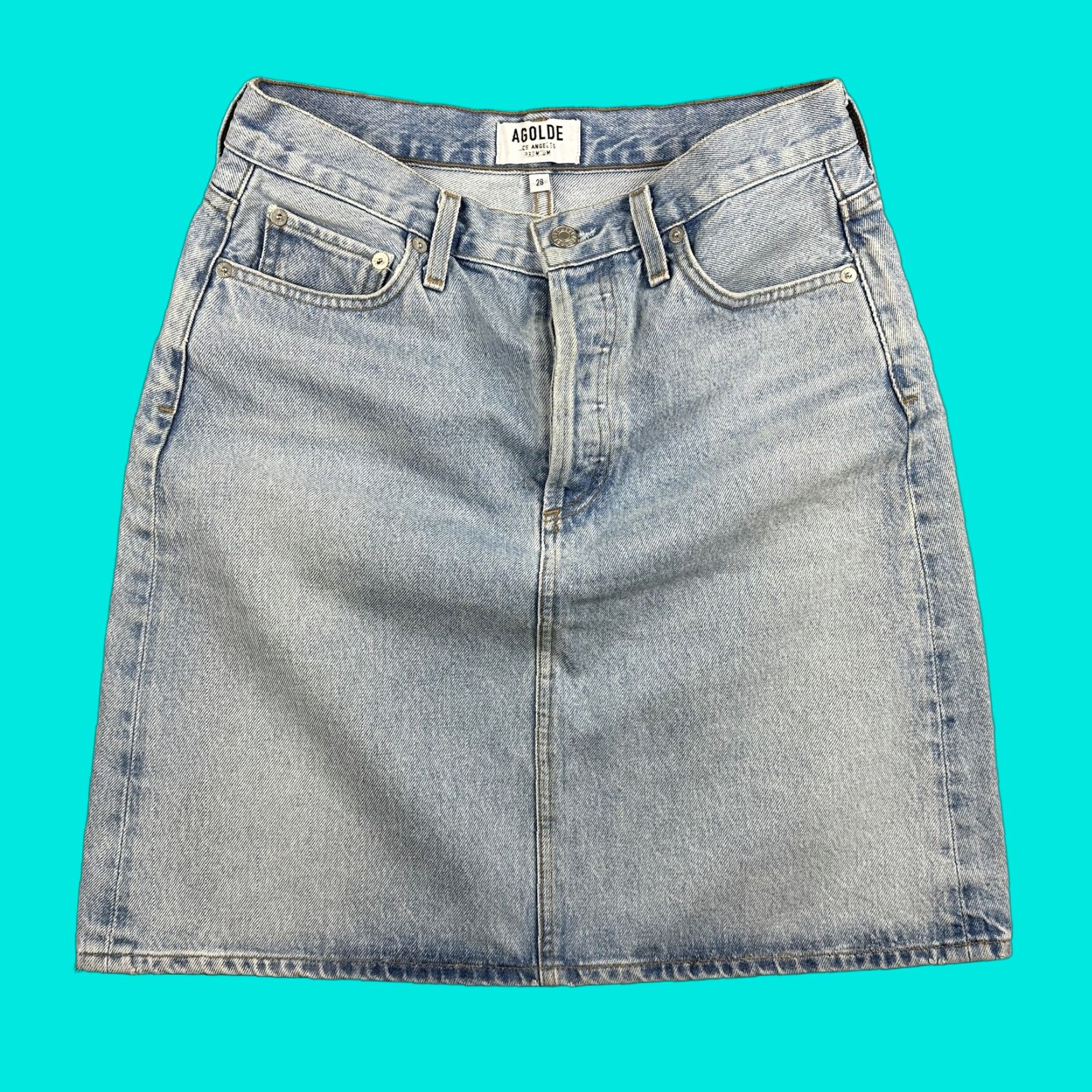 Agolde AGOLDE Skirt Womens 28 Blue Iris Denim High Rise Mini Button Front Pockets Boho Size 28" / US 6 / IT 42 - 1 Thumbnail