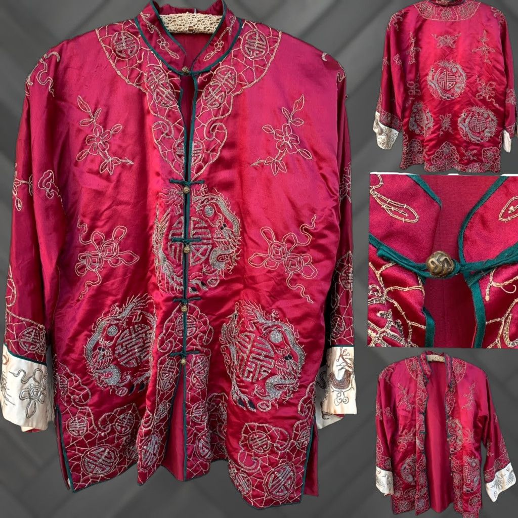 Vintage Vtg Chinese Silk Embroidered Dragon Longevity Shou Jacket Robe Mandarin Collar Jacket/string? Size ONE SIZE - 1 Thumbnail