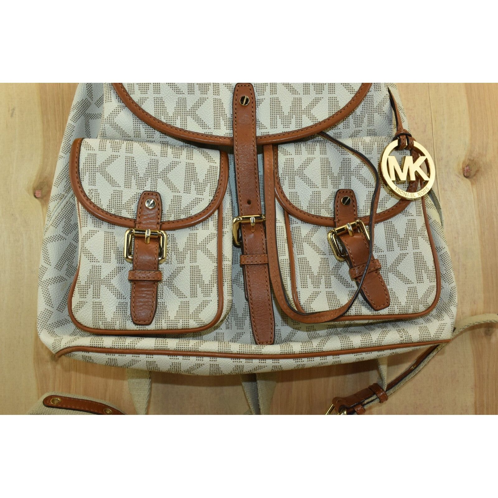 Michael Kors Michael Michael Kors Monogram Drawstrings Backpack Beige/Bro Size ONE SIZE - 3 Thumbnail