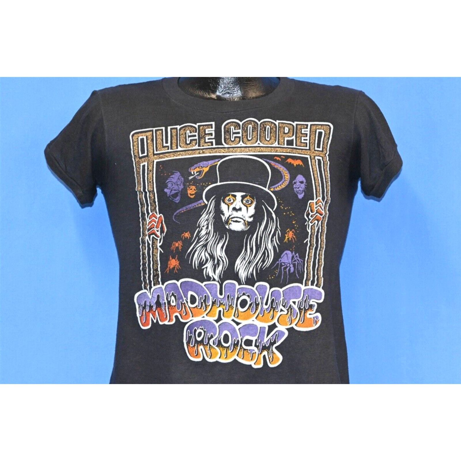 image of Vintage VTG 70's Alice Cooper Madhouse Rock Concert 2 Sided Rock T-Shirt Extra Small Xs in White