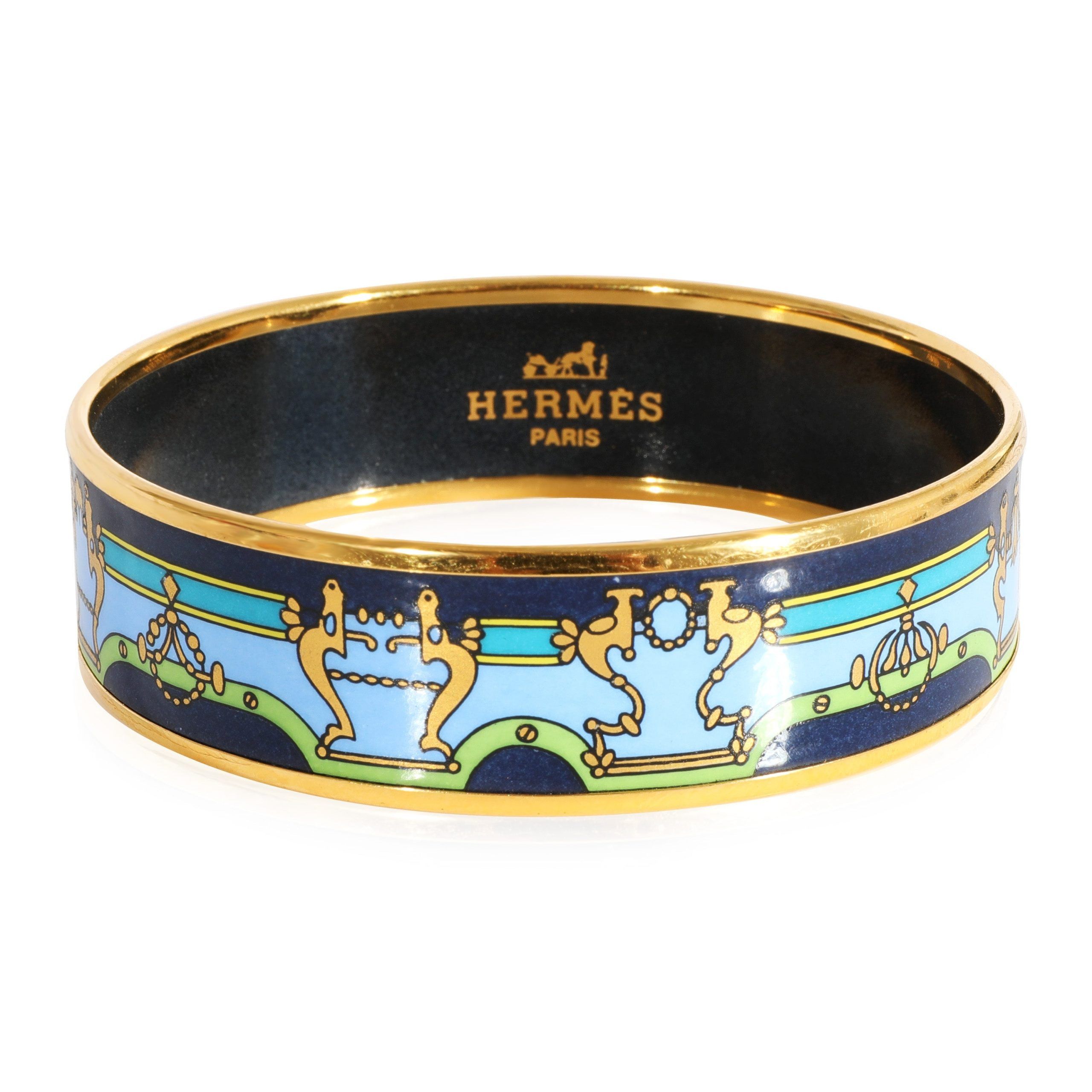 image of Hermes Plated Enamel Bracelet With Blue, Green & Gold Design (62Mm) in Yellow, Women's