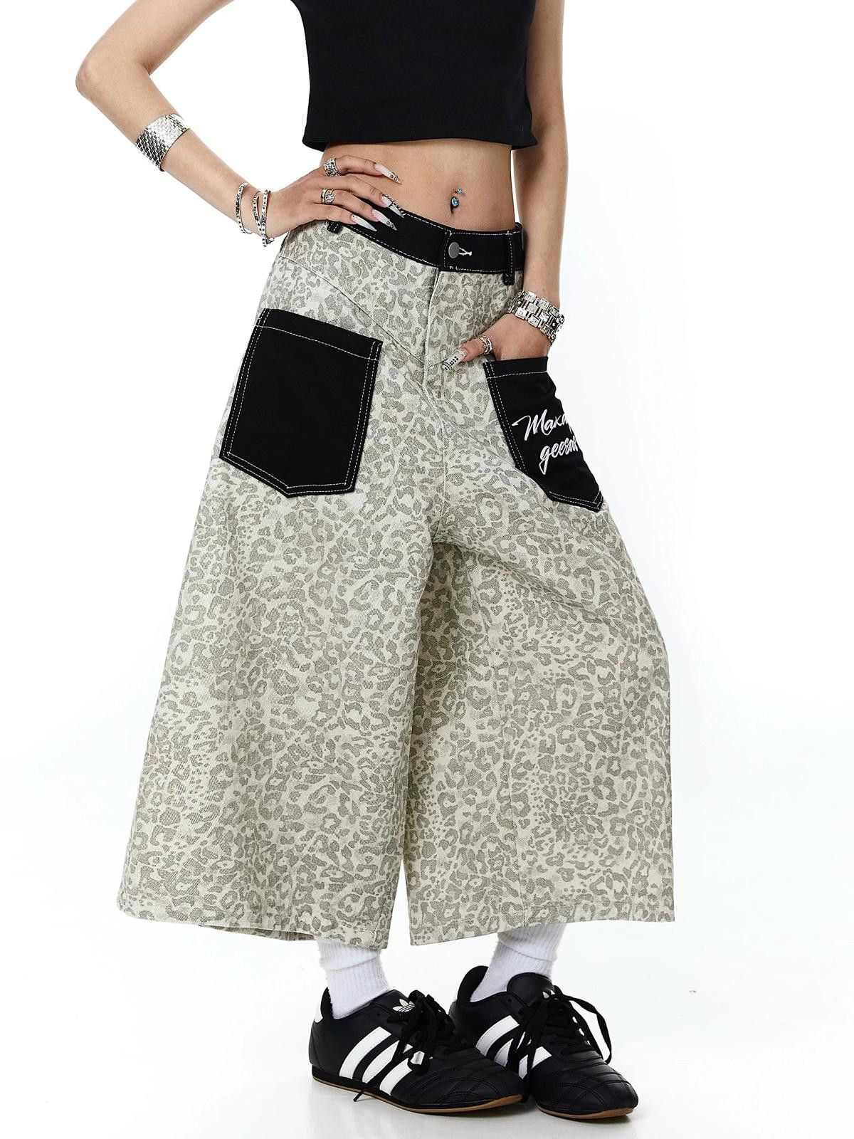 Jean Leopard-Splice Embroidered Wide-Leg Denim Jorts Size 30" / US 8 / IT 44 - 5 Thumbnail