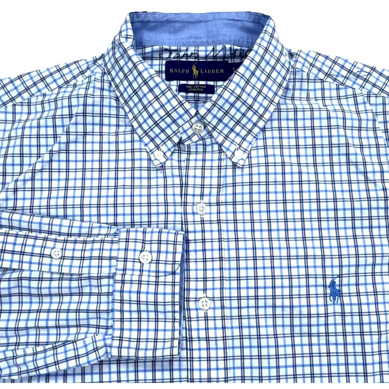 Ralph Lauren Ralph Lauren Men Large Blue Button Up Dress Shirt Poplin Tattersall Stretch Size 42R - 2 Thumbnail