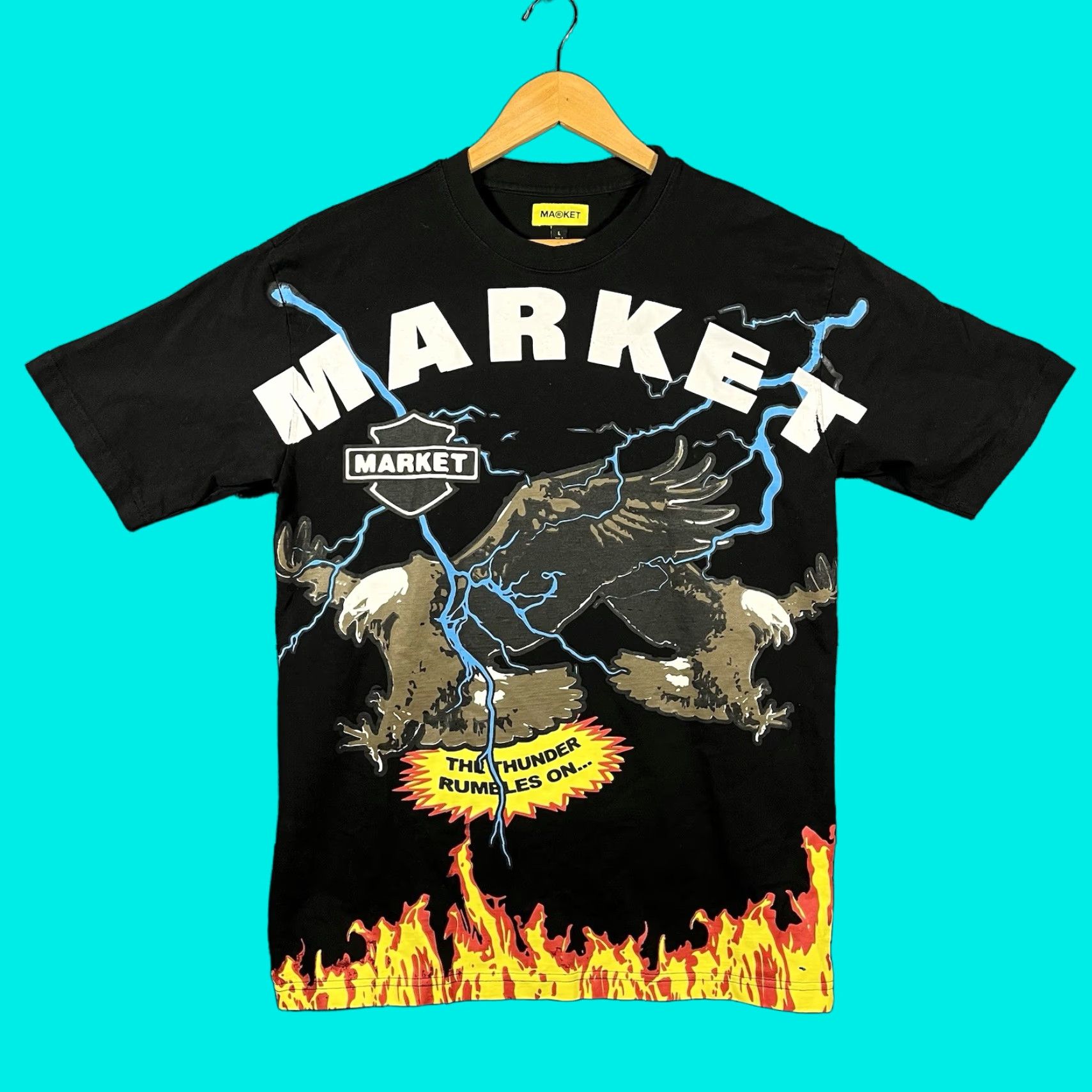 Vintage Chinatown Market T-Shirt Mens Large Black Eagle Flames Lightning Biker AOP Graphic Size US L / EU 52-54 / 3 - 1 Thumbnail