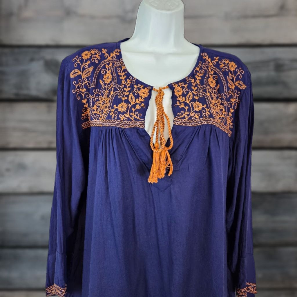 Vintage Sacred Threads Blouse Women XL Blue Embroidered Long Sleeve Rayon Womens Size XL / US 12-14 / IT 48-50 - 1 Thumbnail