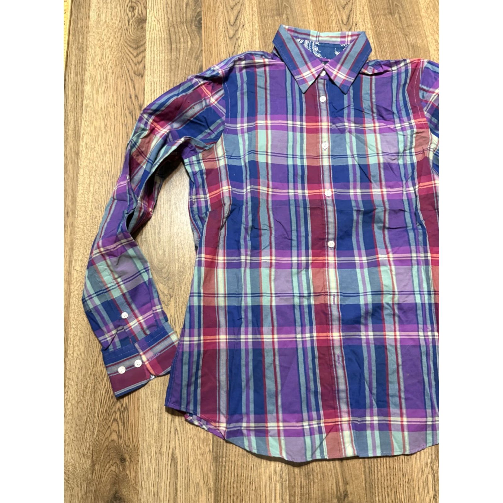 Chaps Chaps Shirt Women's Small, Purple Green Blue Plaid Long Sleeve Button Up No Iron Size S / US 4 / IT 40 - 3 Thumbnail