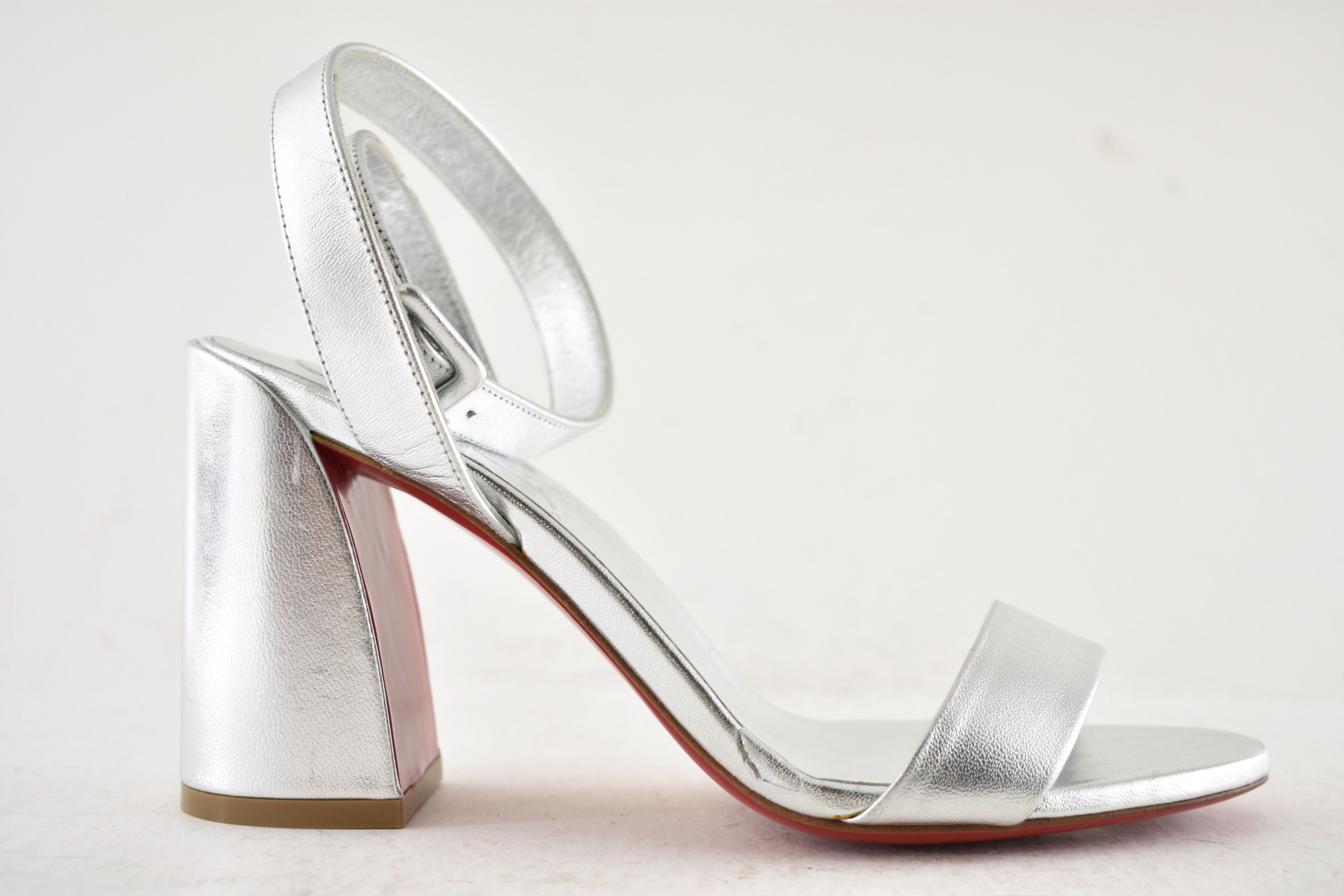 Christian Louboutin Miss Sabina 85 Silver Ankle Strap Block Heel Sandal 36.5 Size US 6.5 / IT 36.5 - 2 Thumbnail