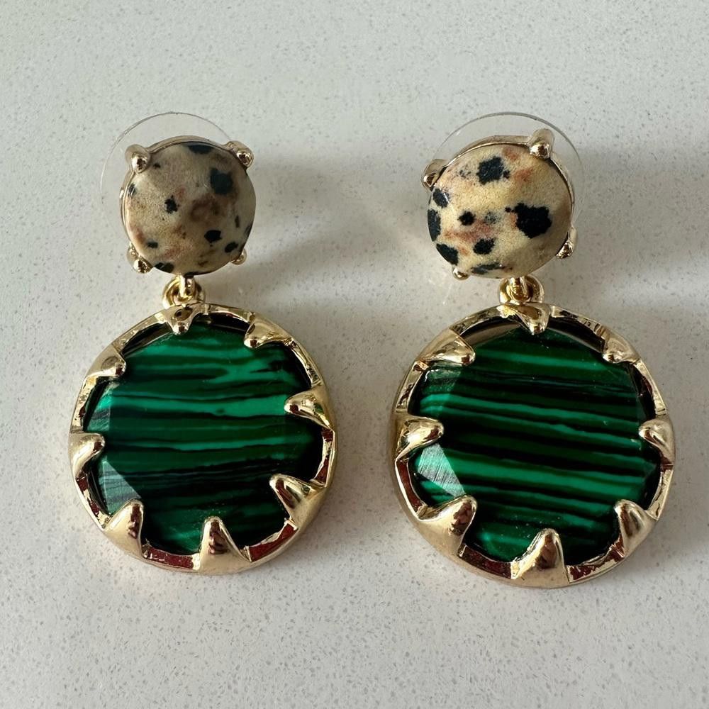 Designer Everri Green Malachite Dalmatian Jasper Round Drop Earrings Size ONE SIZE - 2 Thumbnail