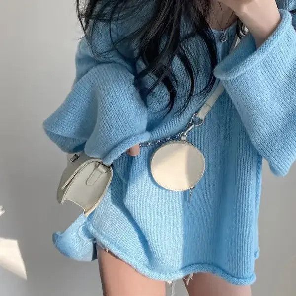 Japanese Brand × Vintage Blue Knit Jumper Oversize Long Sleeve Plain Size ONE SIZE - 2 Thumbnail