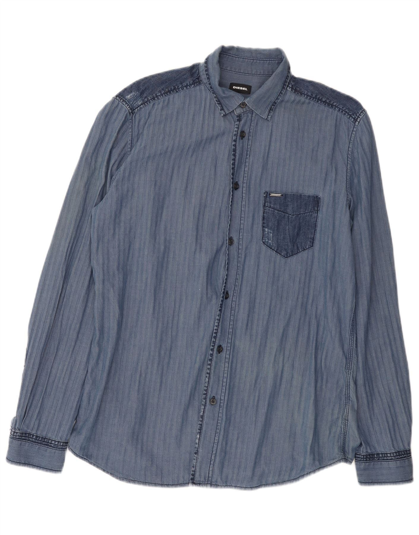 Diesel Mens Shirt Large Navy Blue Herringbone Cotton Size US L / EU 52-54 / 3 - 1 Thumbnail