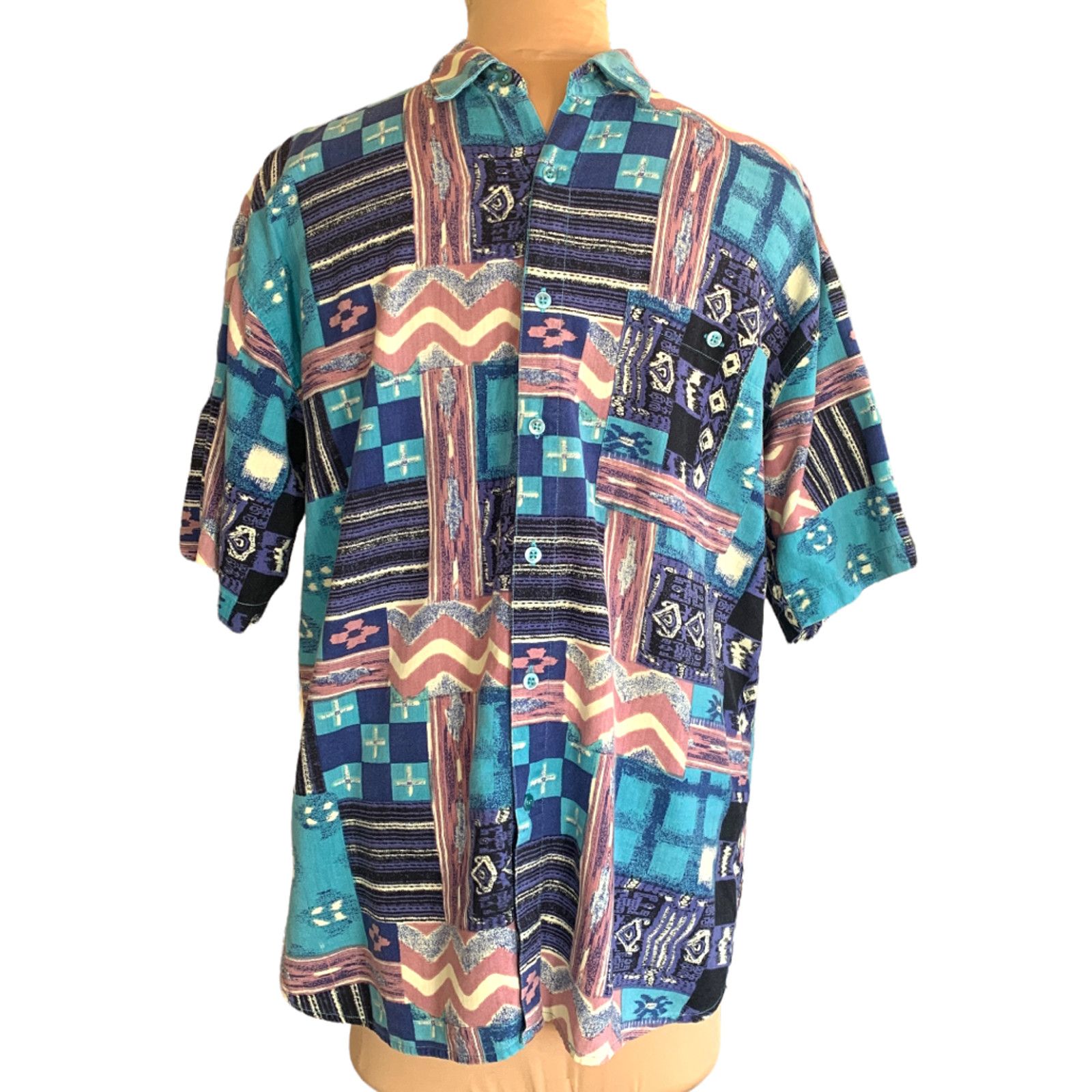 Vintage Vintage Van Heusen 90s Patchwork Button Up Shirt Turquoise Size US L / EU 52-54 / 3 - 4 Thumbnail