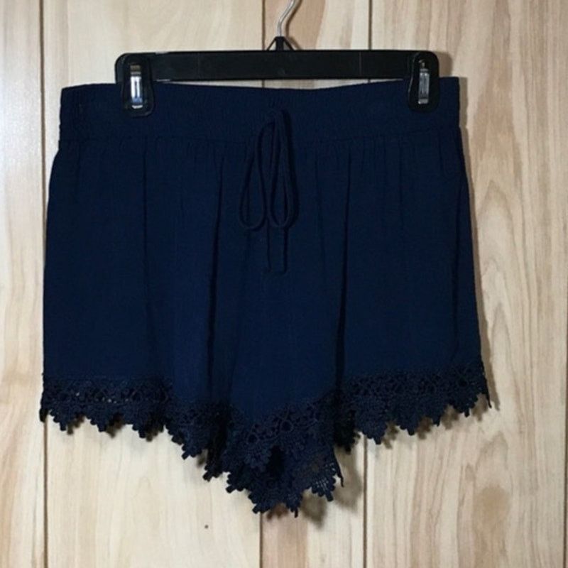Other Ambiance Apparel Navy Blue Sheer Short Shorts Lace Hem L Size 22" - 1 Thumbnail