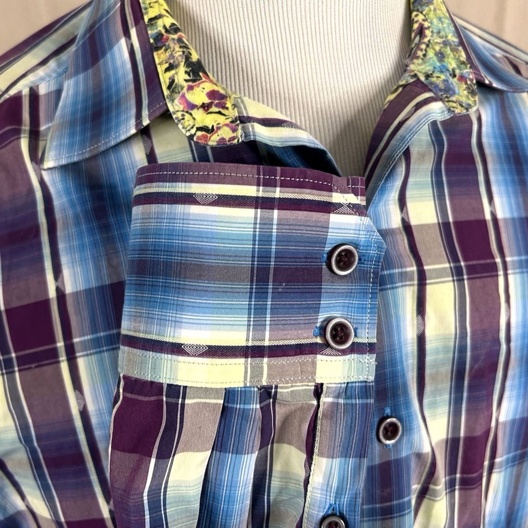 Robert Graham Robert Graham XL Classic Fit Shirt Floral Purple Plaid Cotton Button-Front Long Sleeve Casual Men’s Size US XL / EU 56 / 4 - 4 Thumbnail