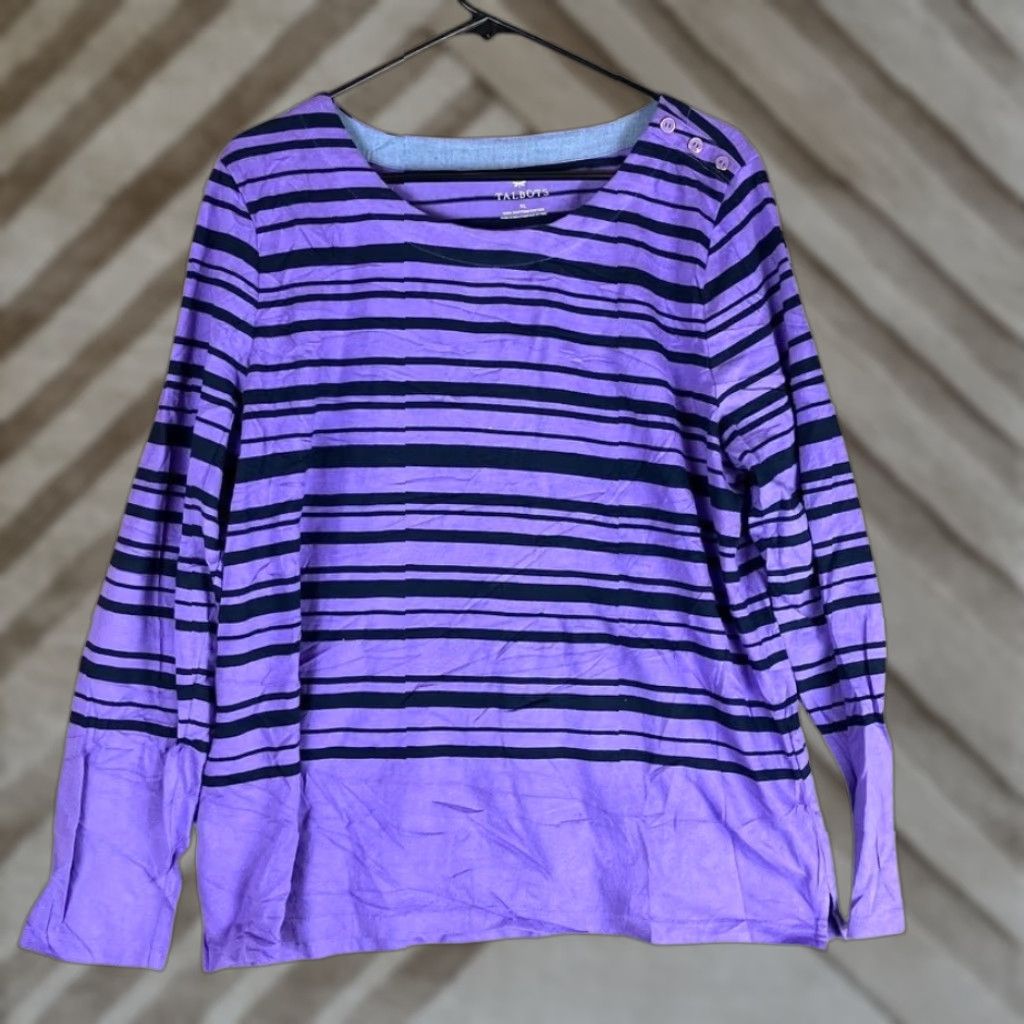 Talbots Talbots Women’s Shirt Purple Black Striped Long Sleeve Round Neck 100% Cotton XL Size XL / US 12-14 / IT 48-50 - 1 Thumbnail