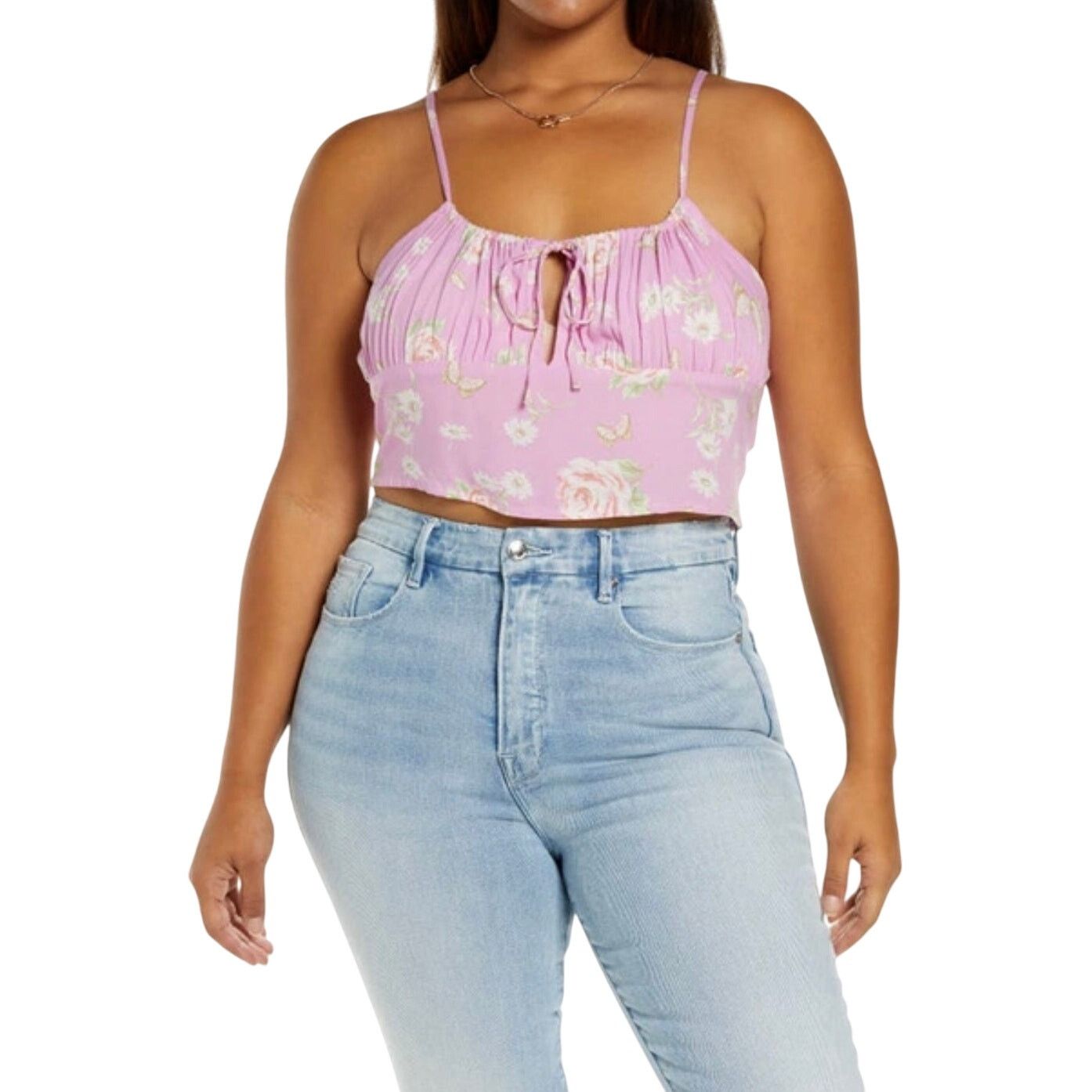 Other BP Floral Crop Tank Top Ruched Straight Neck Pink Women's S Size S / US 4 / IT 40 - 1 Thumbnail