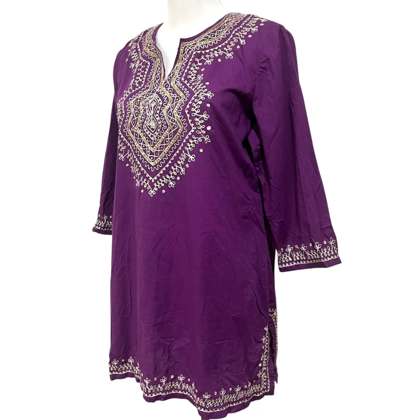 Vintage Chicos Womens L (2) Purple Embroidered Tunic Shirt Lightweight Cotton Blouse Side Slits Size L / US 10 / IT 46 - 3 Thumbnail