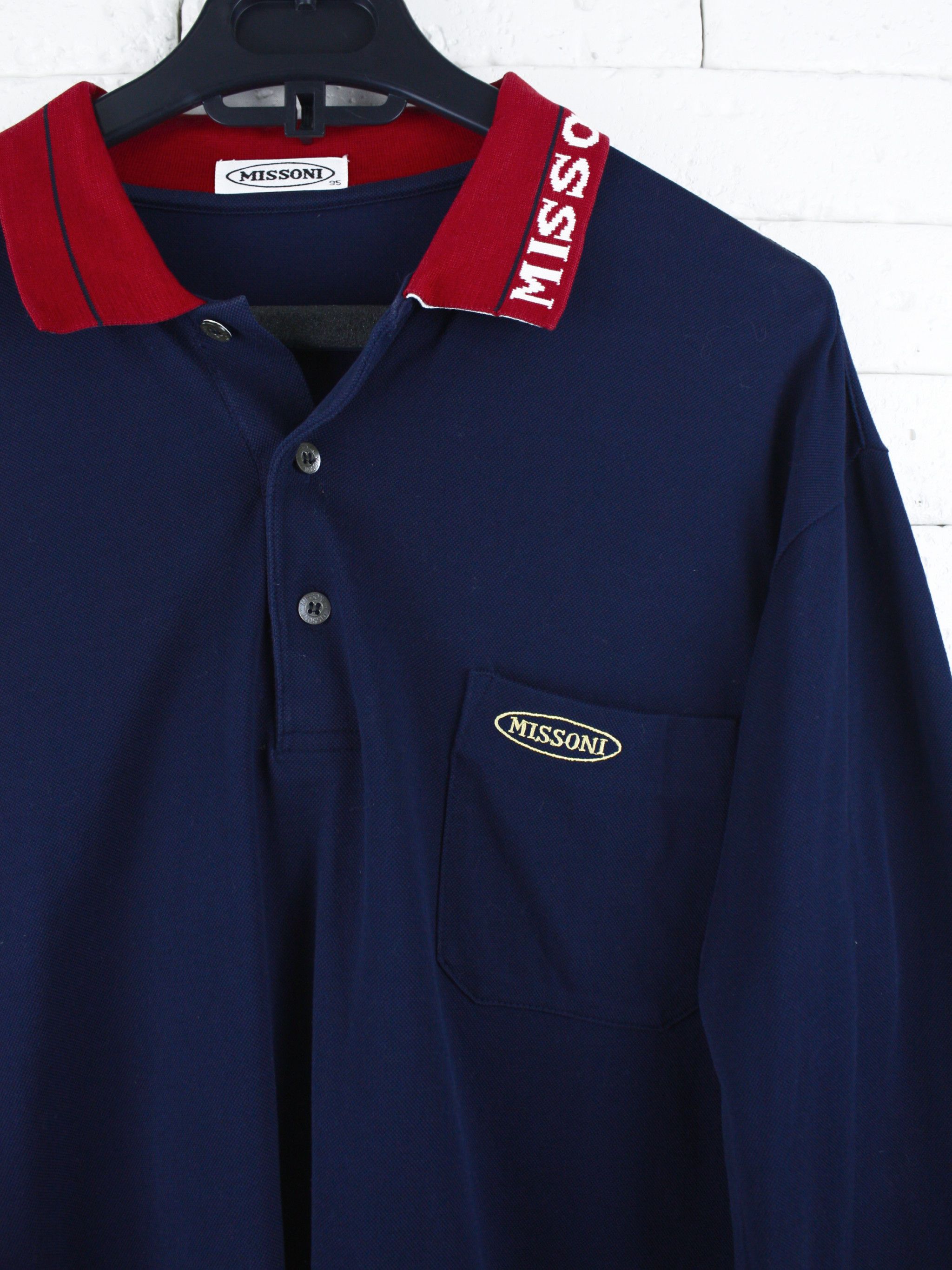 Missoni Missoni Vintage Long Sleeve Navy Polo Shirt with Red Collar Size US M / EU 48-50 / 2 - 3 Thumbnail