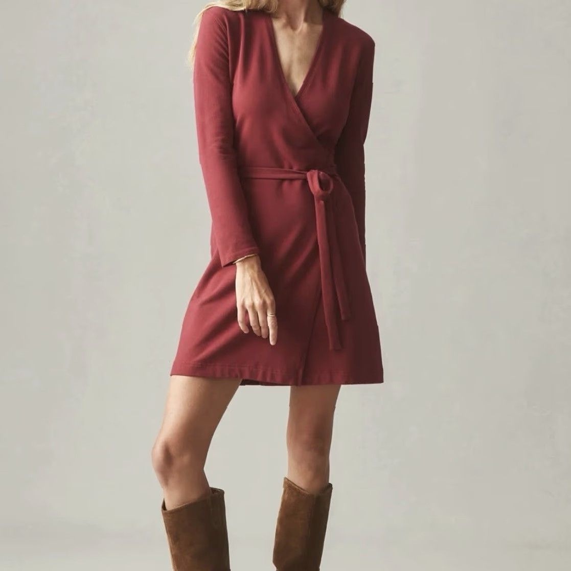 Vintage VINTAGE American Giant Wrap Dress Women's Red S MIDI Knit Cotton Belted V-Neck Long Sleeve Tie" Size S / US 4 / IT 40 - 2 Thumbnail