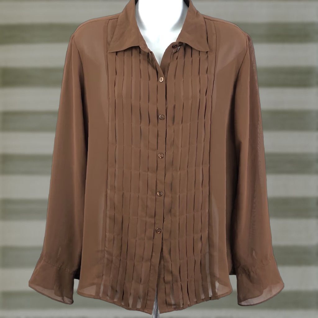 Jordan Brand VINTAGE Jordan Blouse Shirt L Brown Pleated Long Sleeve Flutter Cuffs Collared Career Women's Size L / US 10 / IT 46 - 1 Thumbnail