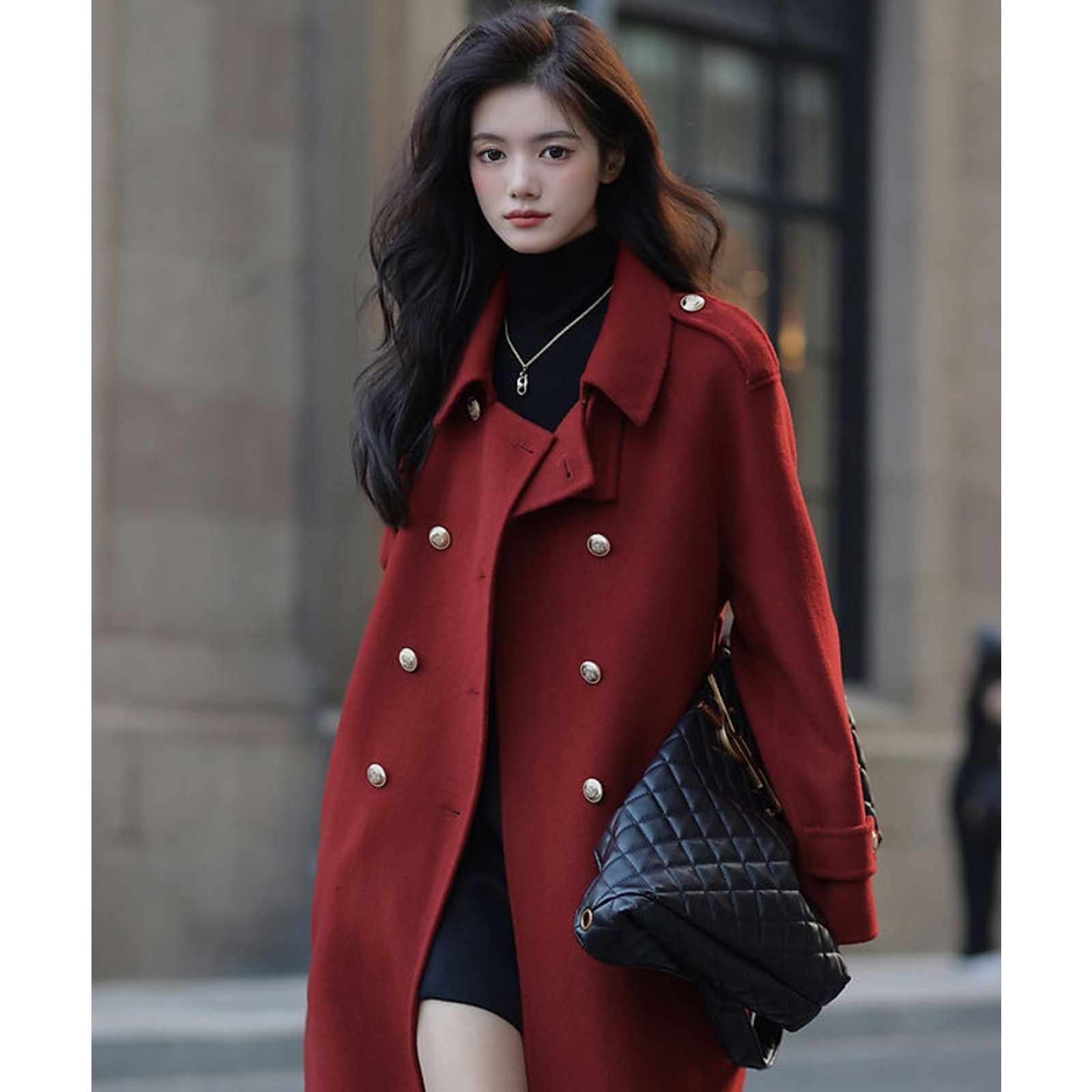 image of Non Identifie Maroon Double Breasted Wool Blend Coat in Red, Women's