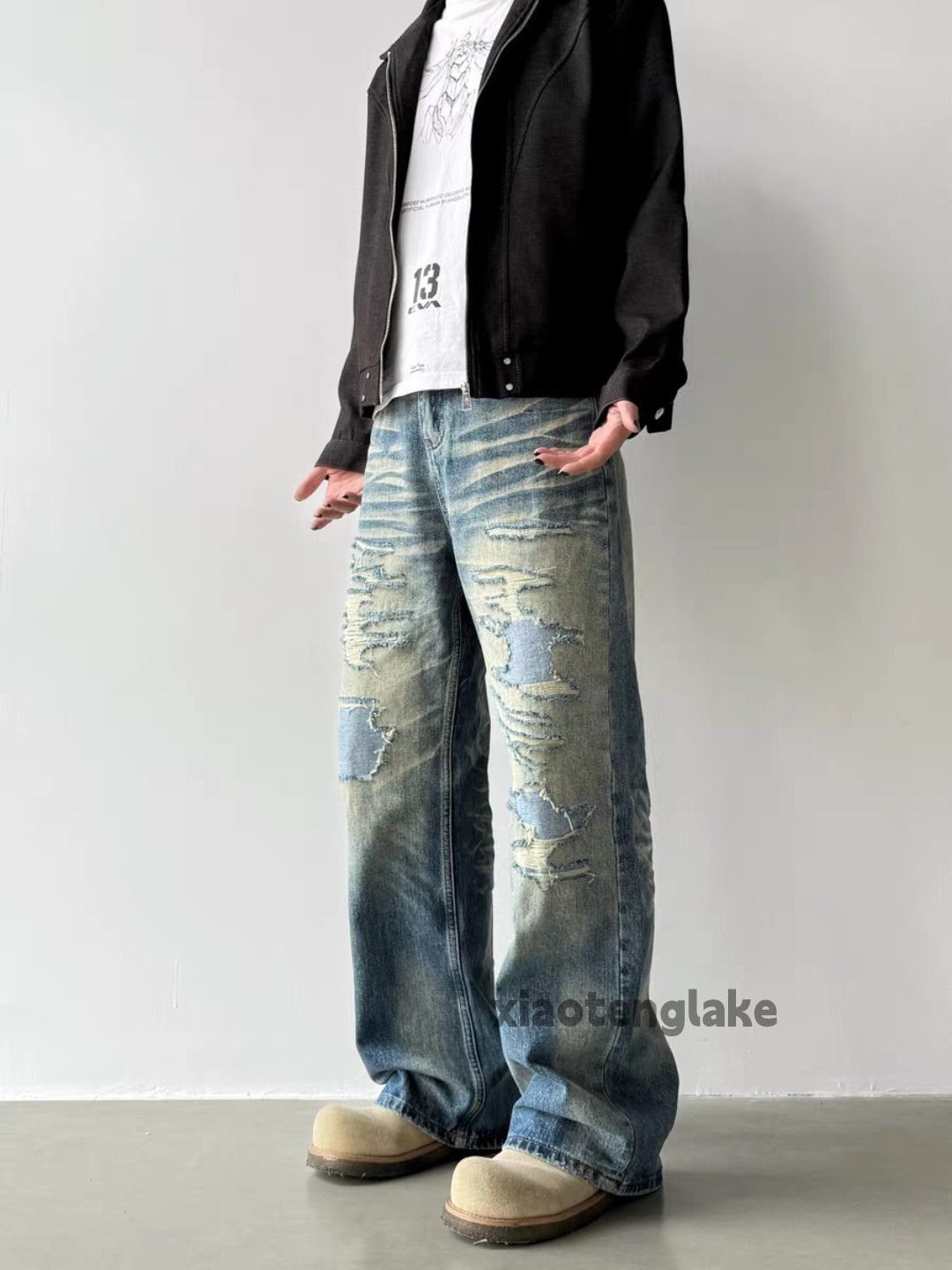 xtl washed faded loose baggy ripped distressed jeans