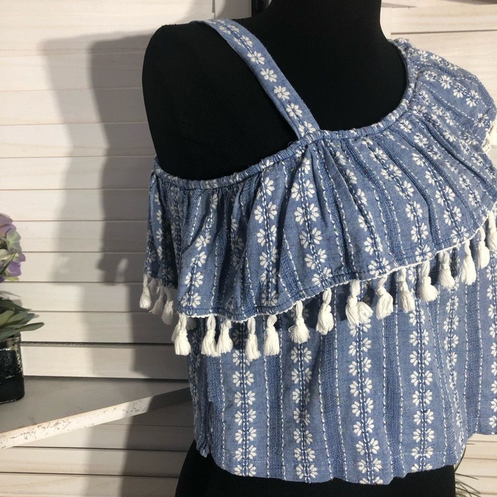 Vintage Y2K crop top boho blue white fringes embroidered ruffled S Size S / US 4 / IT 40 - 8 Thumbnail