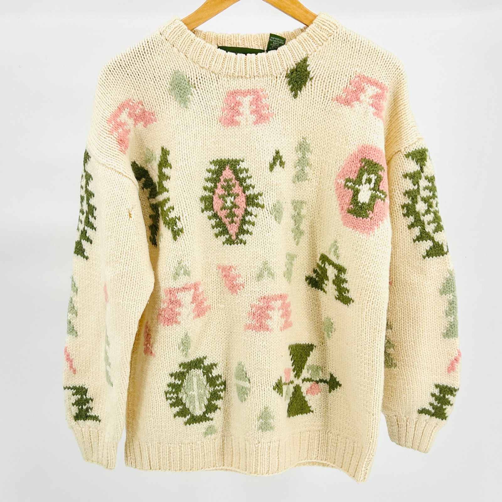 Vintage Vintage 80s Cream Wool Heavy Knit Geometric Pastel Sweater Size L / US 10 / IT 46 - 1 Thumbnail