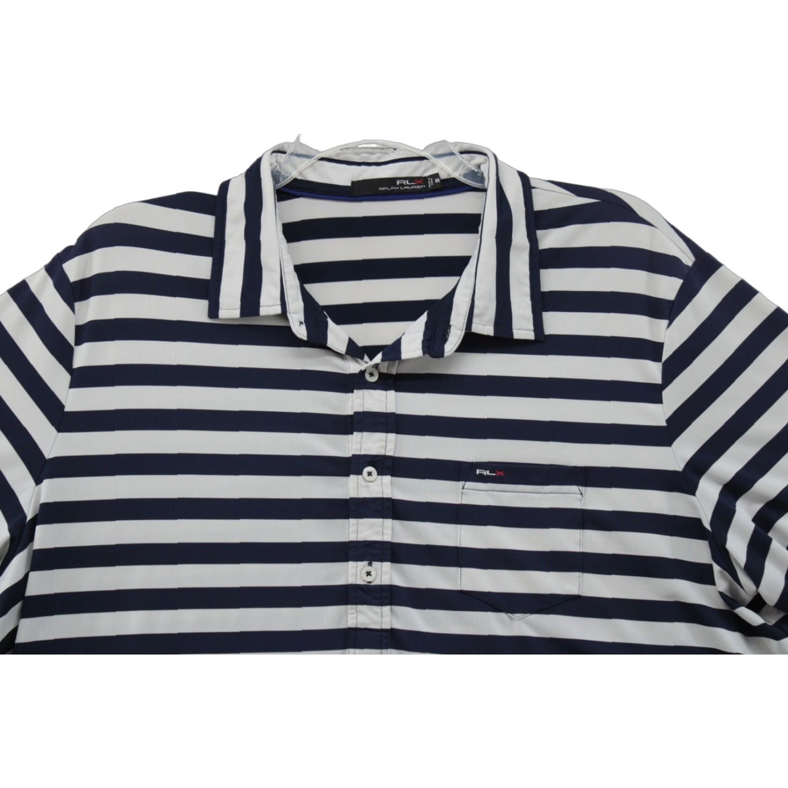 VINTAGE RLX Ralph Lauren Golf Polo Shirt Mens XXL Blue White Striped Dry Fitting Modern