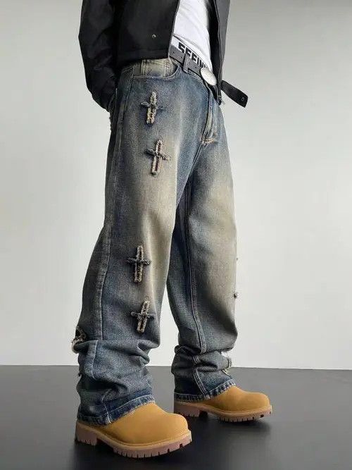 VIBE Straight-leg loose jeans with retro patchwork design Size US 34 / EU 50 - 6 Thumbnail
