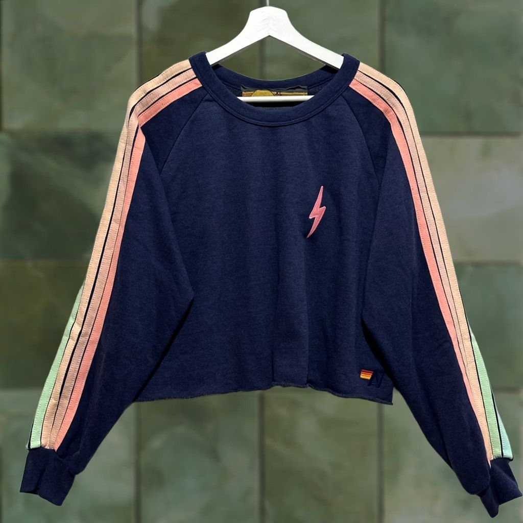 Aviator Nation Aviator Nation Sweatshirt XL Blue Heathered Navy Neon Striped Cropped Cutoff Sweatshirt Women XL Blue Heathered Navy Neon Striped Cropped Cutoff Size XL / US 12-14 / IT 48-50 - 1 Thumbnail