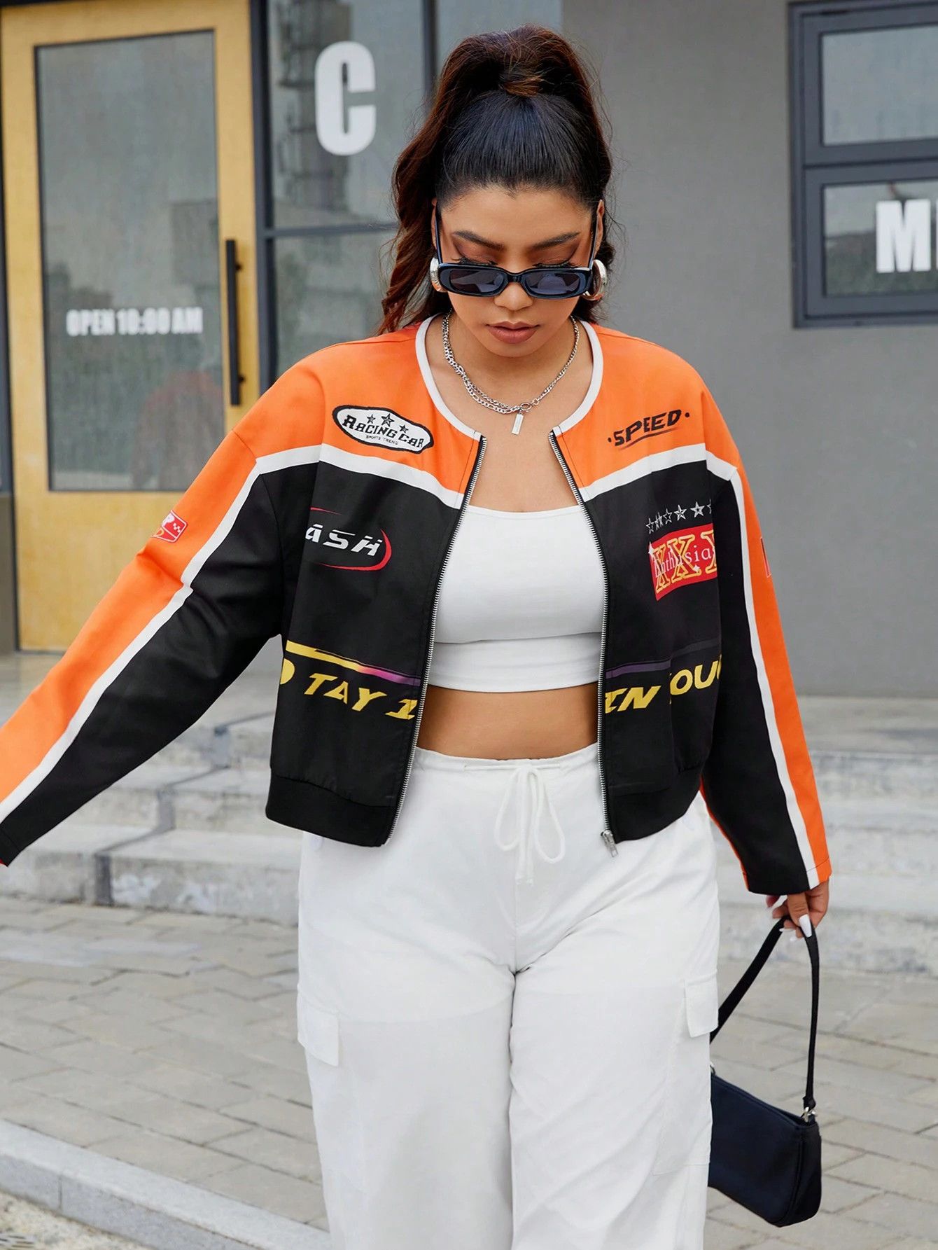 Other Women’s Orange & Black Cropped Racing Leather Jacket Size S / US 4 / IT 40 - 1 Thumbnail